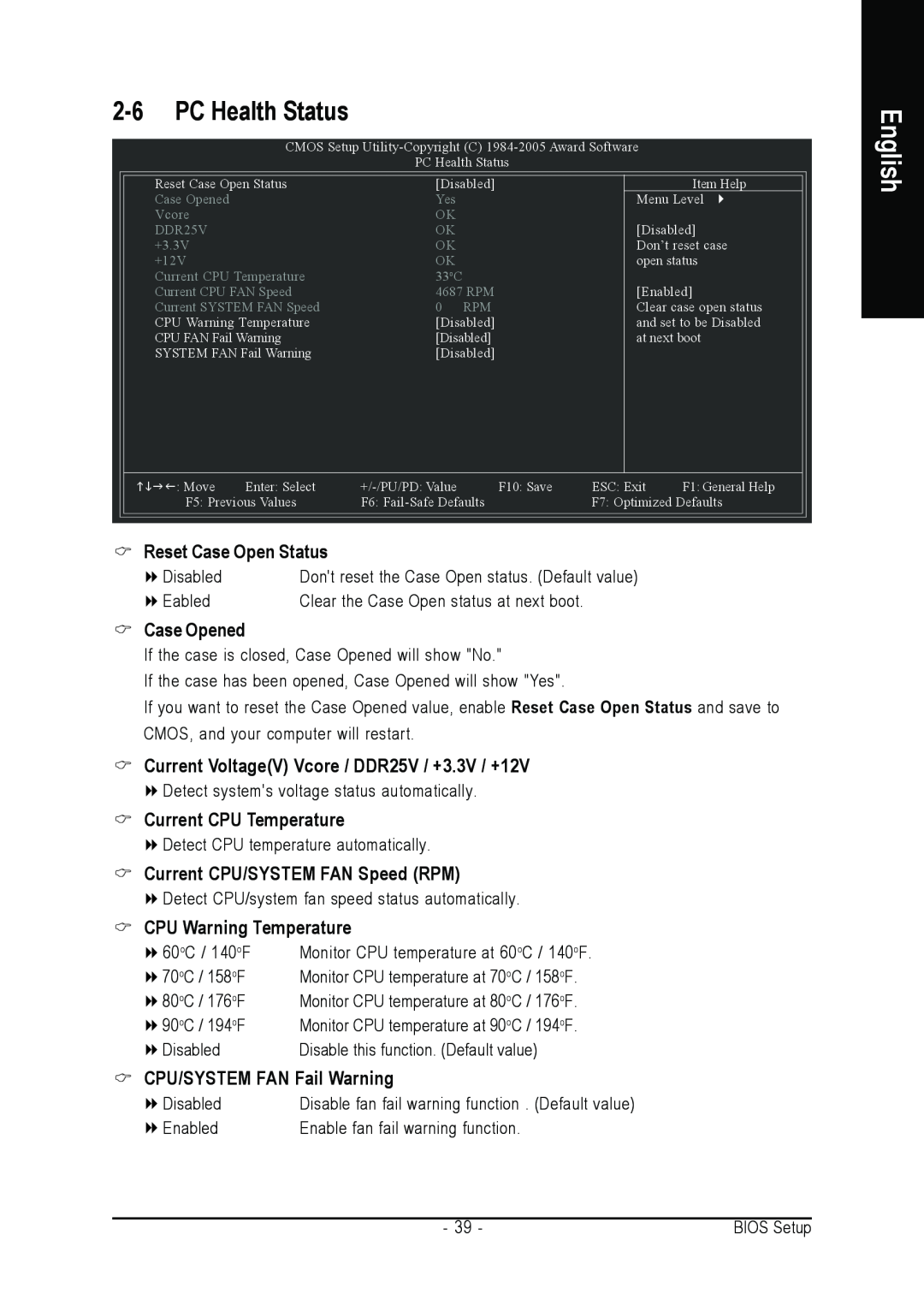 Gigabyte GA-8I845GE775-G user manual PC Health Status, Case Opened, Current VoltageV Vcore / DDR25V / +3.3V / +12V, English 