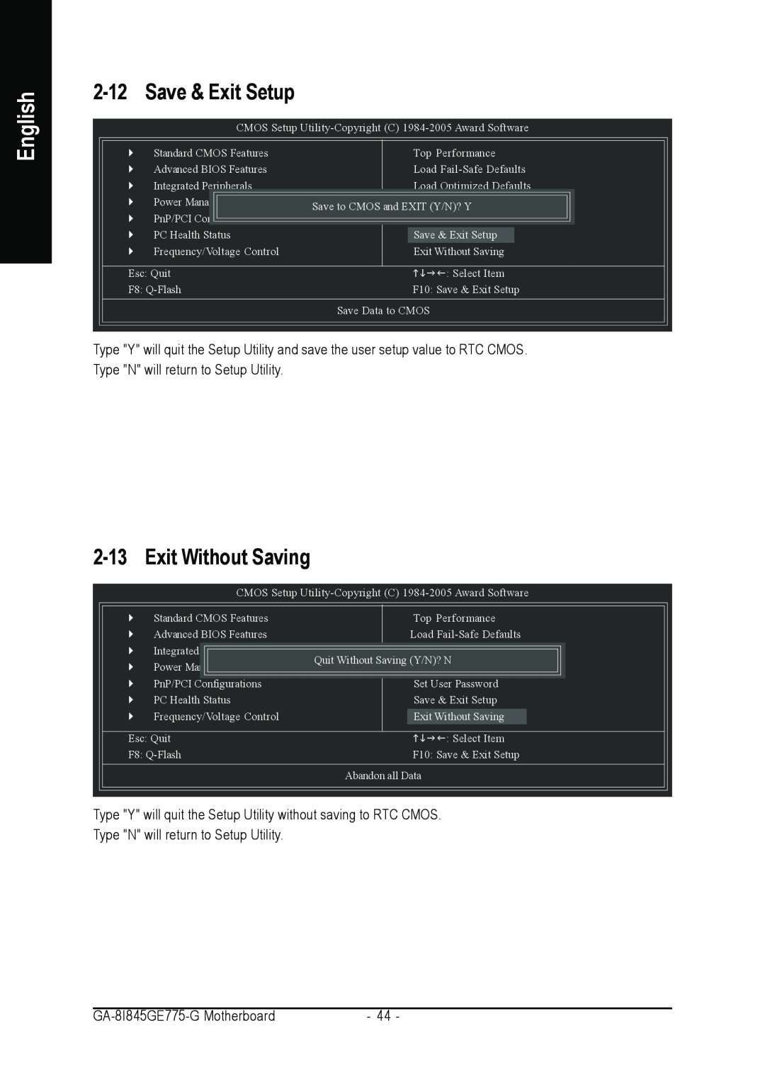 Gigabyte GA-8I845GE775-G user manual Save & Exit Setup, Exit Without Saving, English 