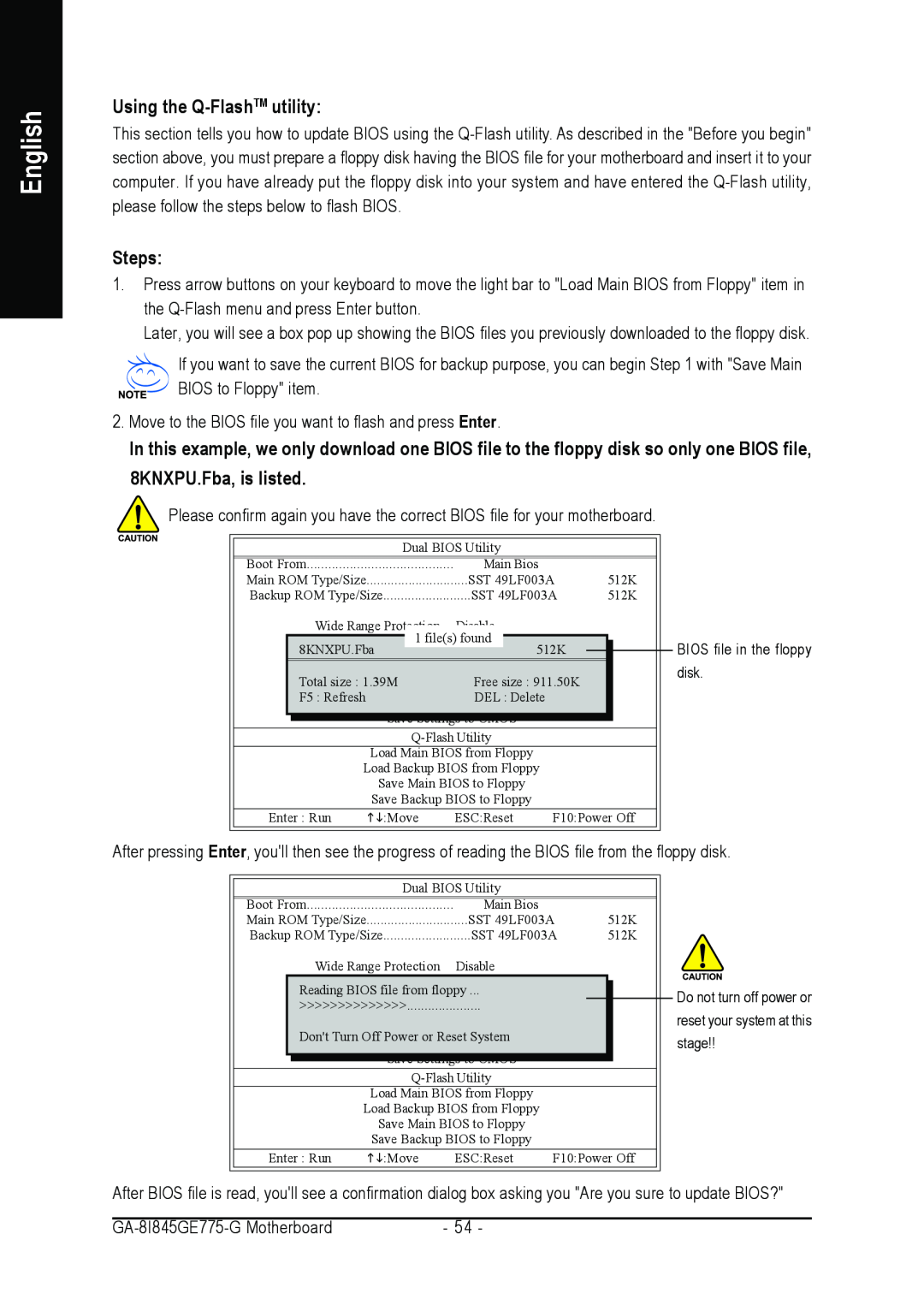 Gigabyte GA-8I845GE775-G user manual Using the Q-FlashTM utility, Steps, English, disk, stage 