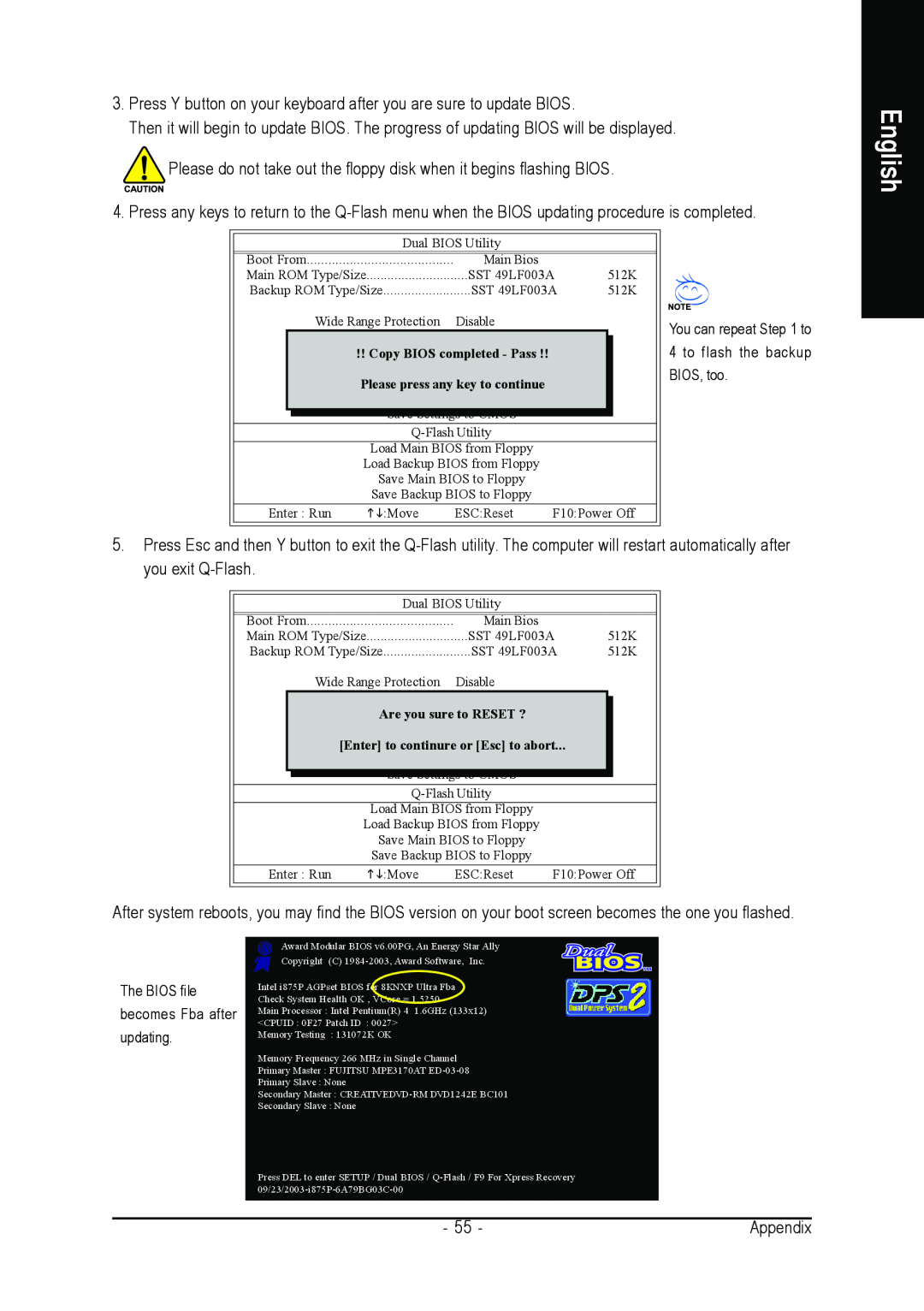 Gigabyte GA-8I845GE775-G user manual English, Press Y button on your keyboard after you are sure to update BIOS, BIOS, too 