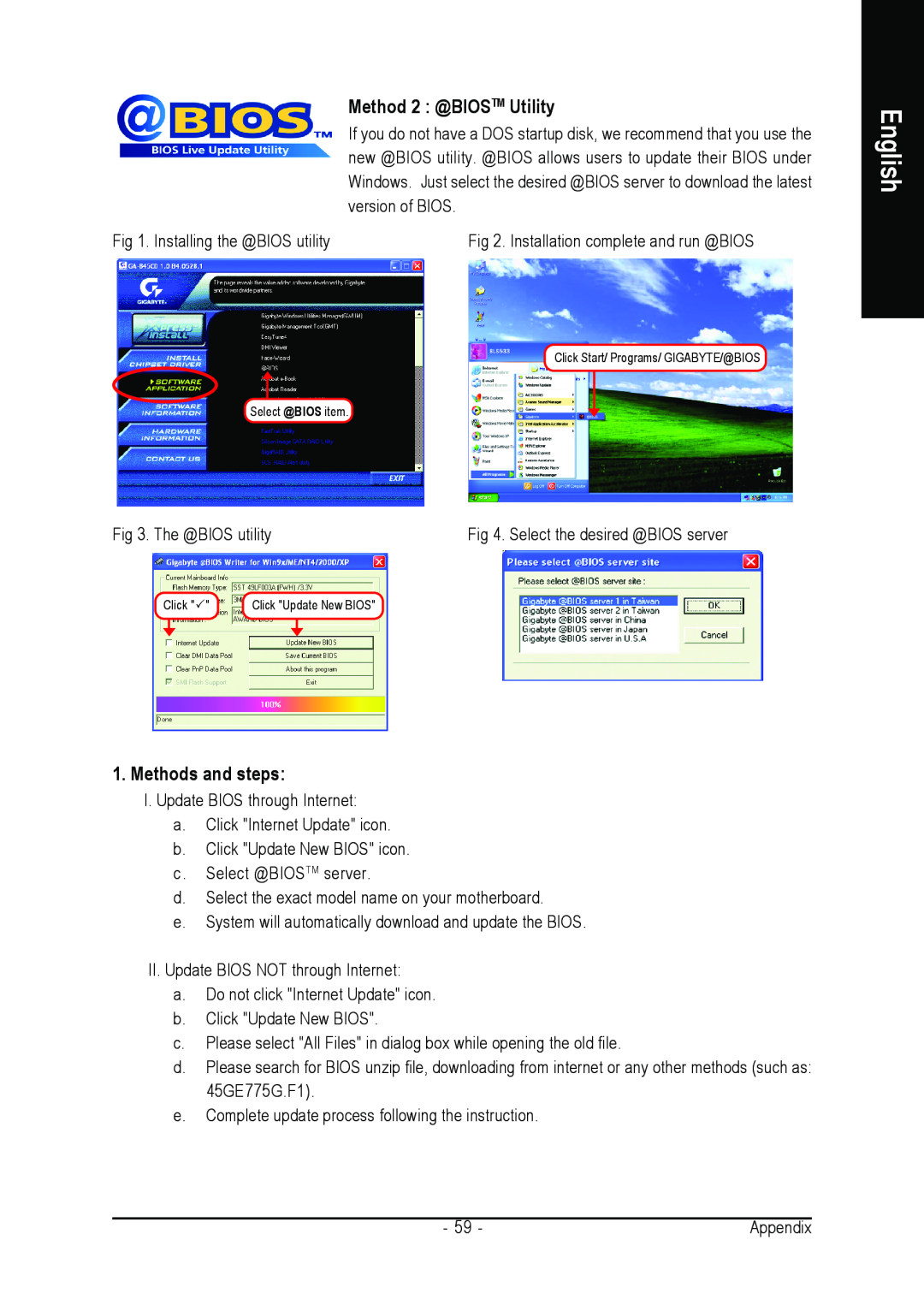 Gigabyte GA-8I845GE775-G user manual Method 2 @BIOSTM Utility, Methods and steps, English 