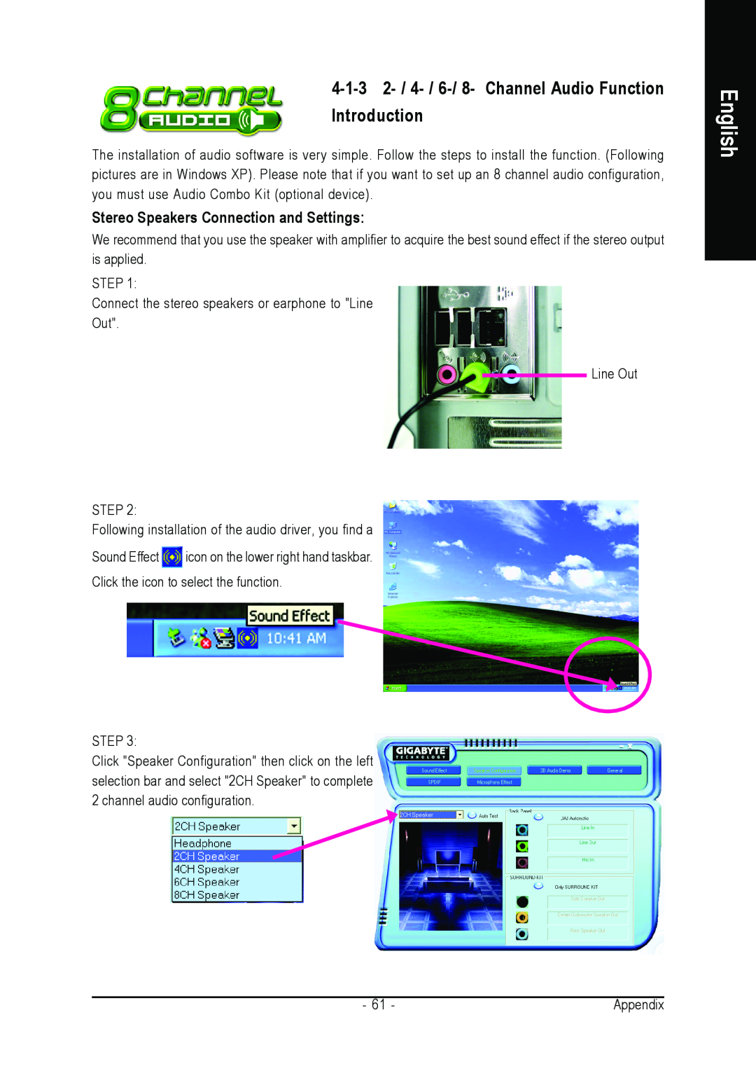 Gigabyte GA-8I845GE775-G user manual 4-1-3 2- / 4- / 6-/ 8- Channel Audio Function Introduction, English 