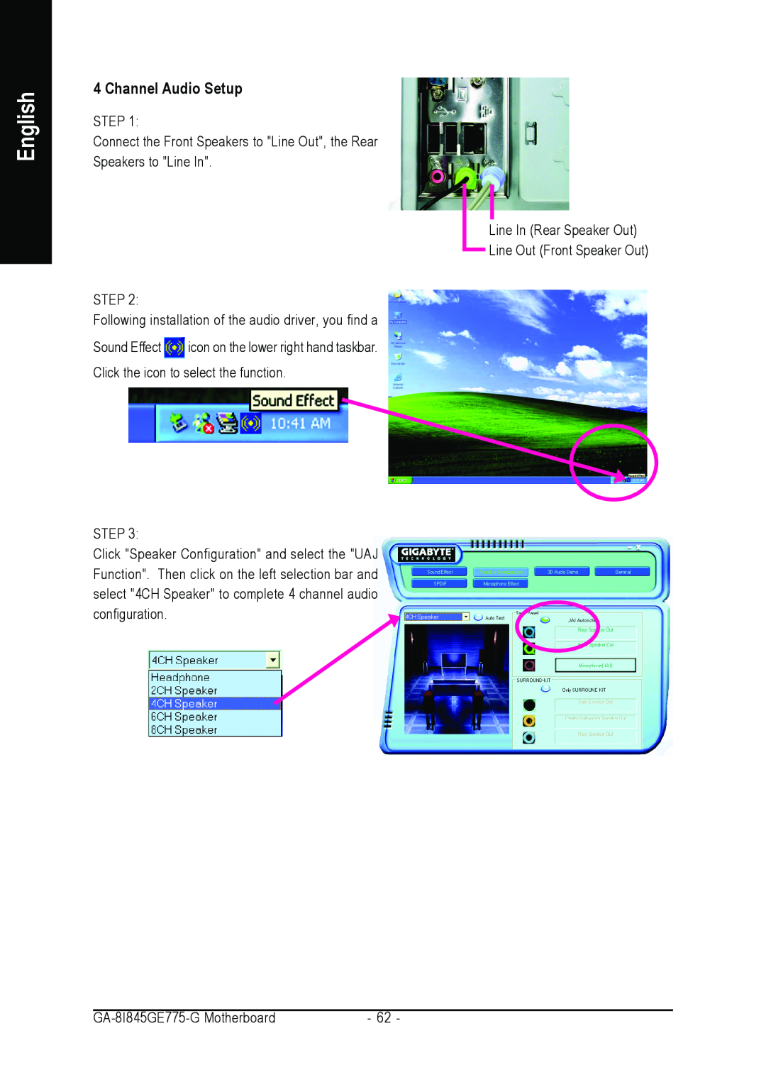 Gigabyte GA-8I845GE775-G user manual Channel Audio Setup, English 