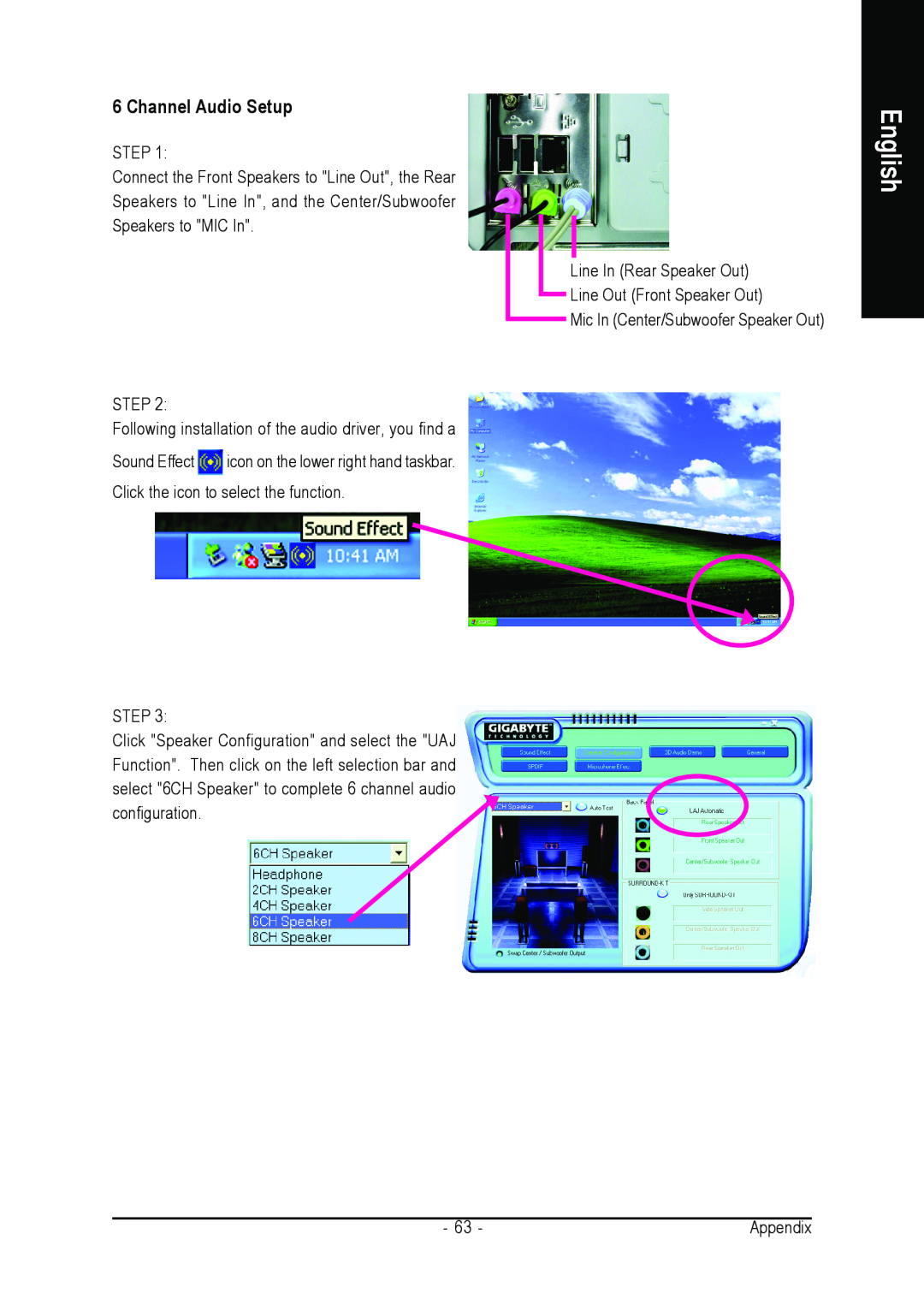 Gigabyte GA-8I845GE775-G user manual Channel Audio Setup, English, Mic In Center/Subwoofer Speaker Out 