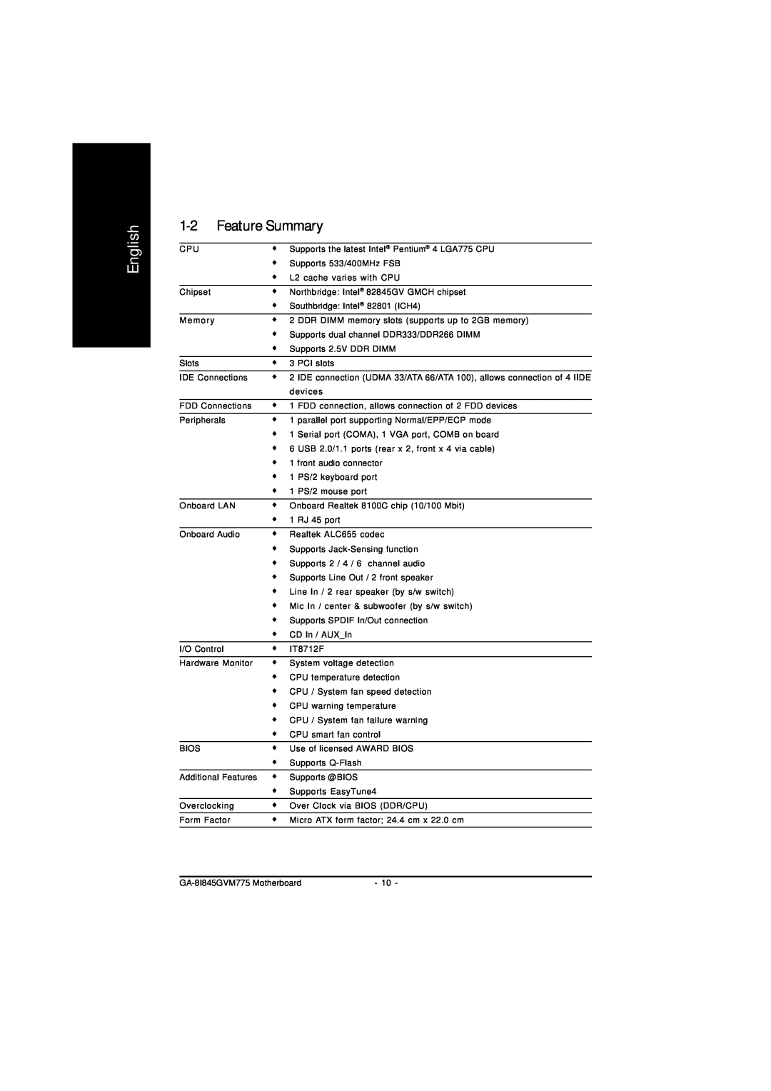 Gigabyte GA-8I845GVM775 user manual Feature Summary, English 