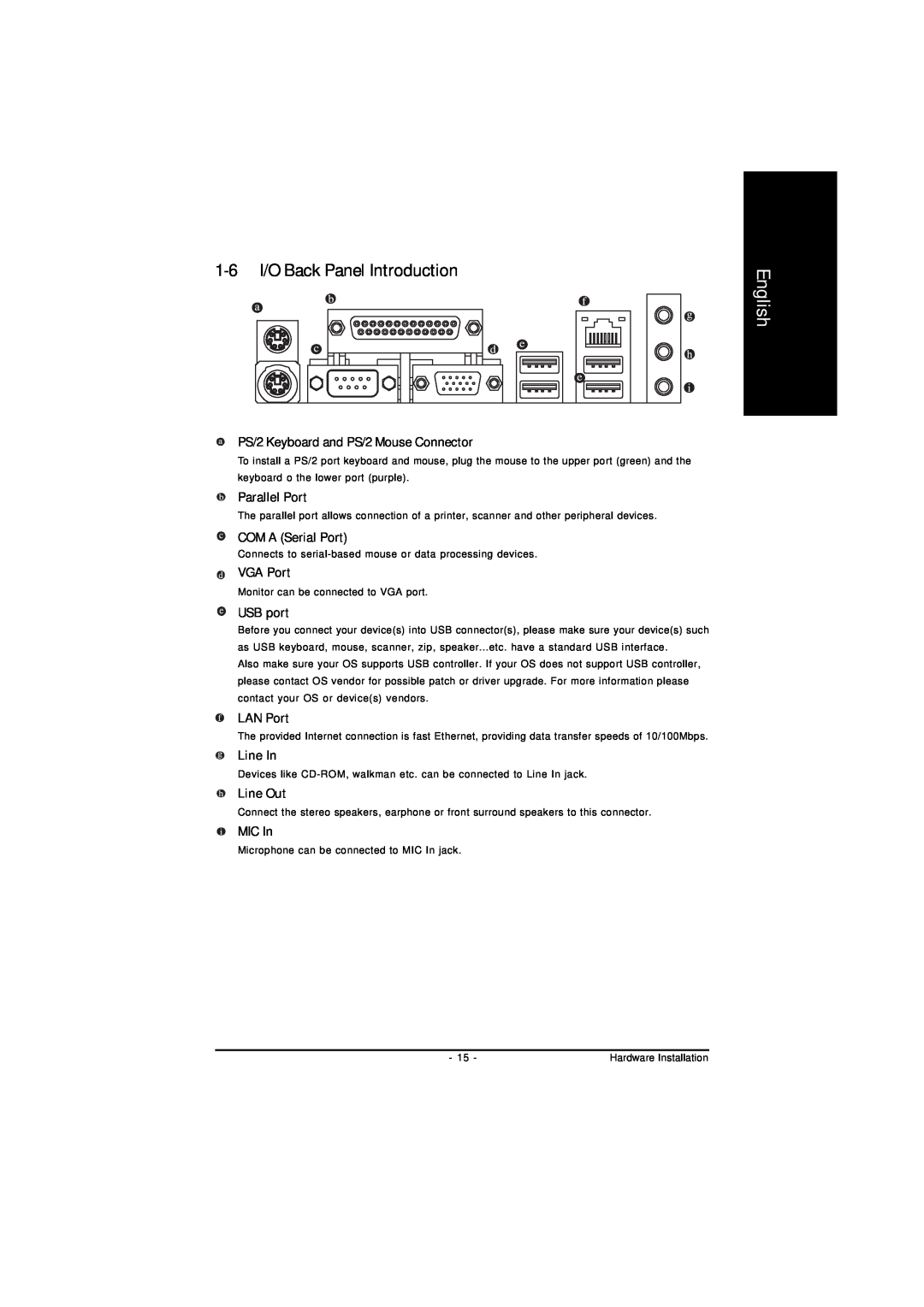 Gigabyte GA-8I845GVM775 1-6 I/O Back Panel Introduction, PS/2 Keyboard and PS/2 Mouse Connector, Parallel Port, VGA Port 