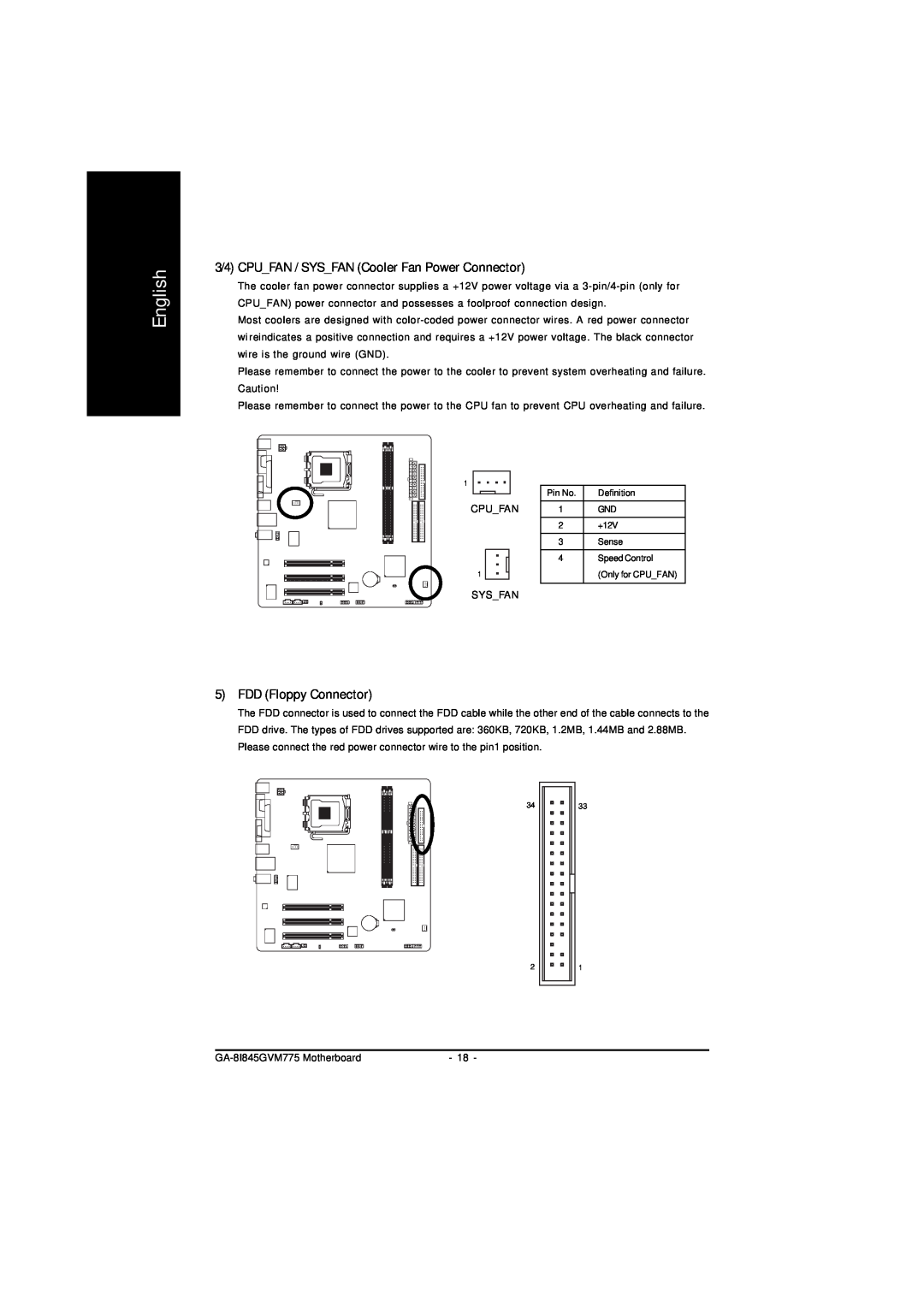 Gigabyte GA-8I845GVM775 user manual 3/4 CPUFAN / SYSFAN Cooler Fan Power Connector, FDD Floppy Connector, English 