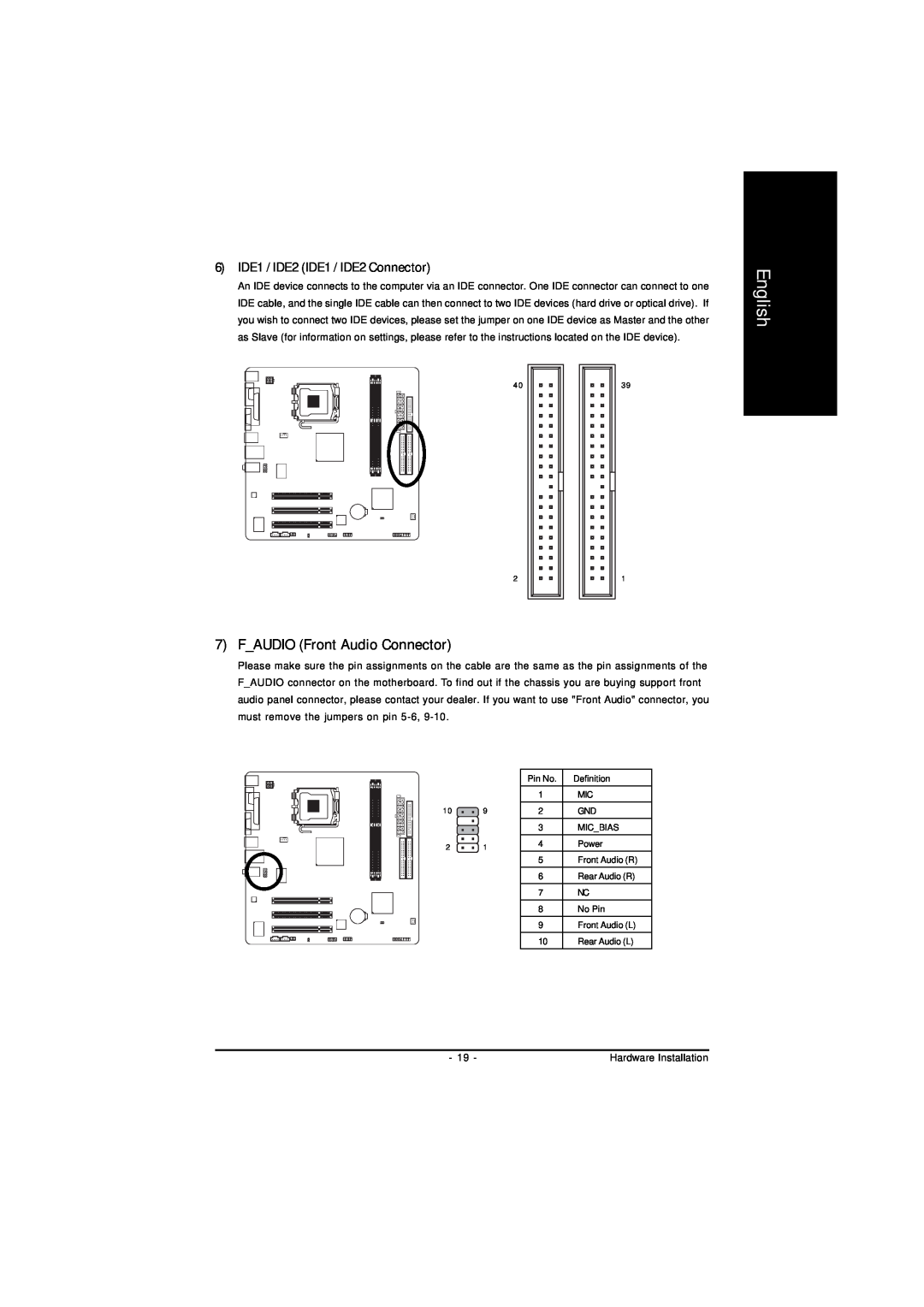 Gigabyte GA-8I845GVM775 user manual FAUDIO Front Audio Connector, 6 IDE1 / IDE2 IDE1 / IDE2 Connector, English 
