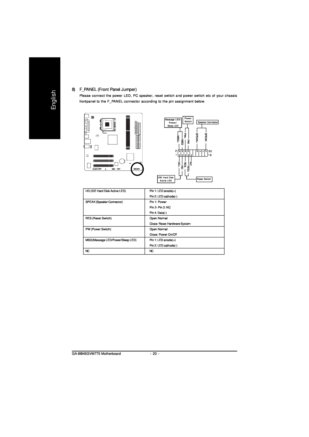 Gigabyte GA-8I845GVM775 user manual FPANEL Front Panel Jumper, English, MSGMessage LED/Power/Sleep LED 