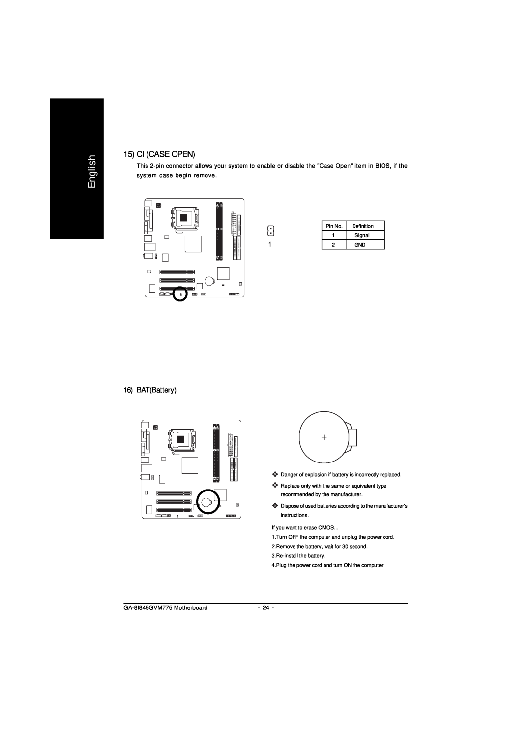 Gigabyte GA-8I845GVM775 user manual Ci Case Open, BATBattery, English 