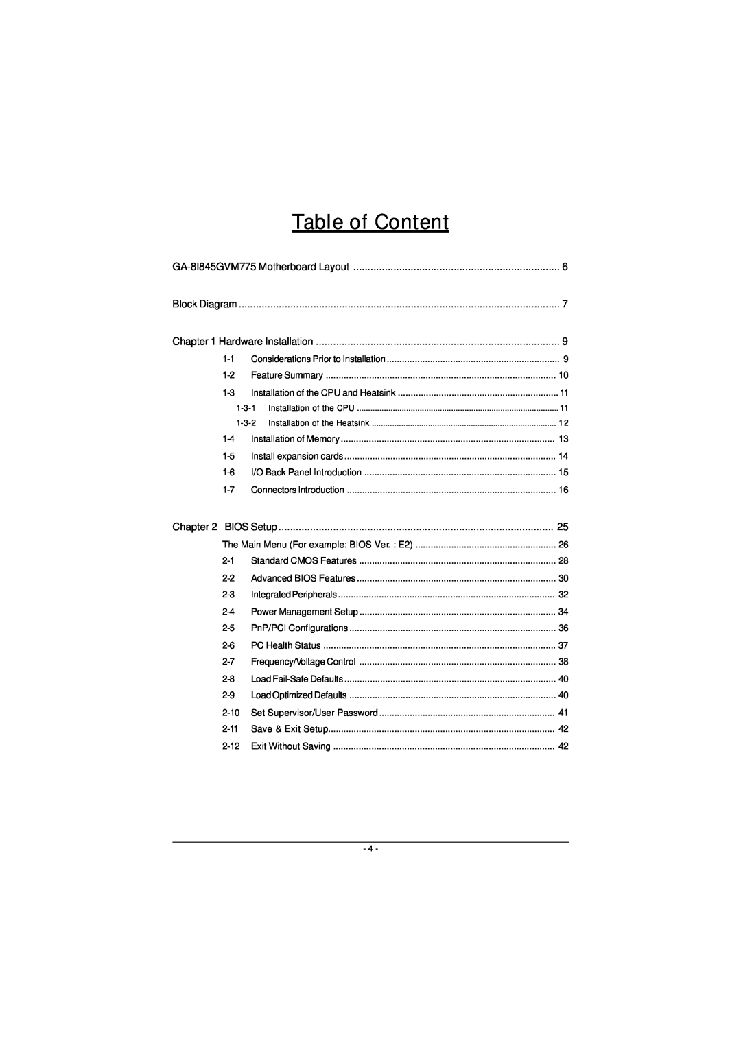 Gigabyte GA-8I845GVM775 user manual Table of Content 