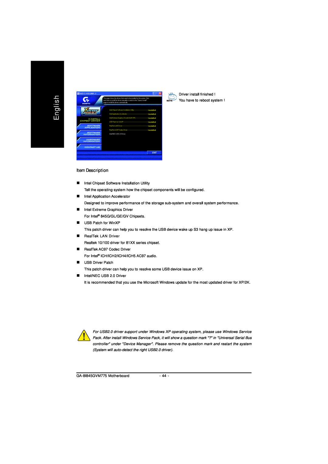 Gigabyte GA-8I845GVM775 user manual Item Description, English 