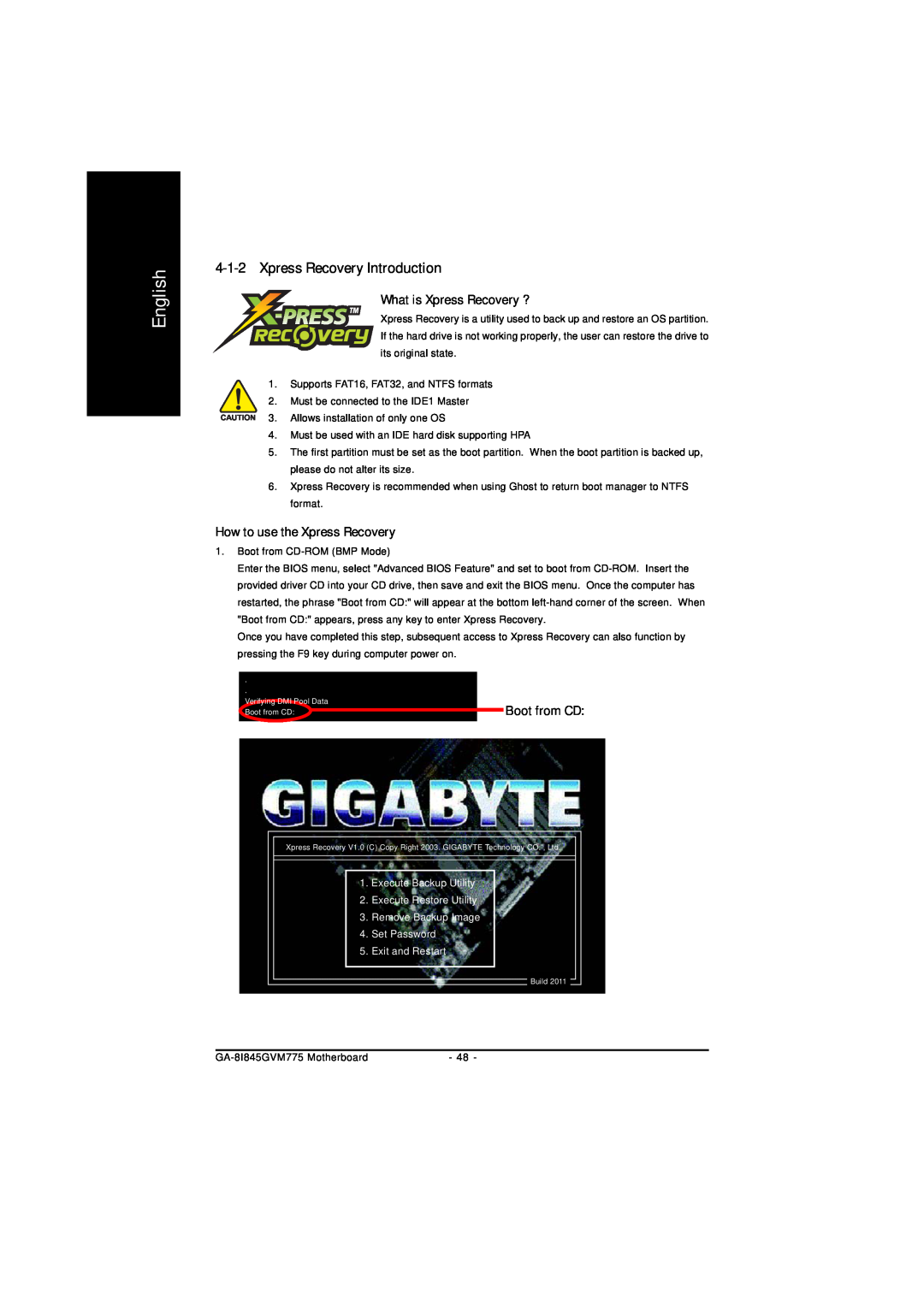 Gigabyte GA-8I845GVM775 Xpress Recovery Introduction, What is Xpress Recovery ?, How to use the Xpress Recovery, English 