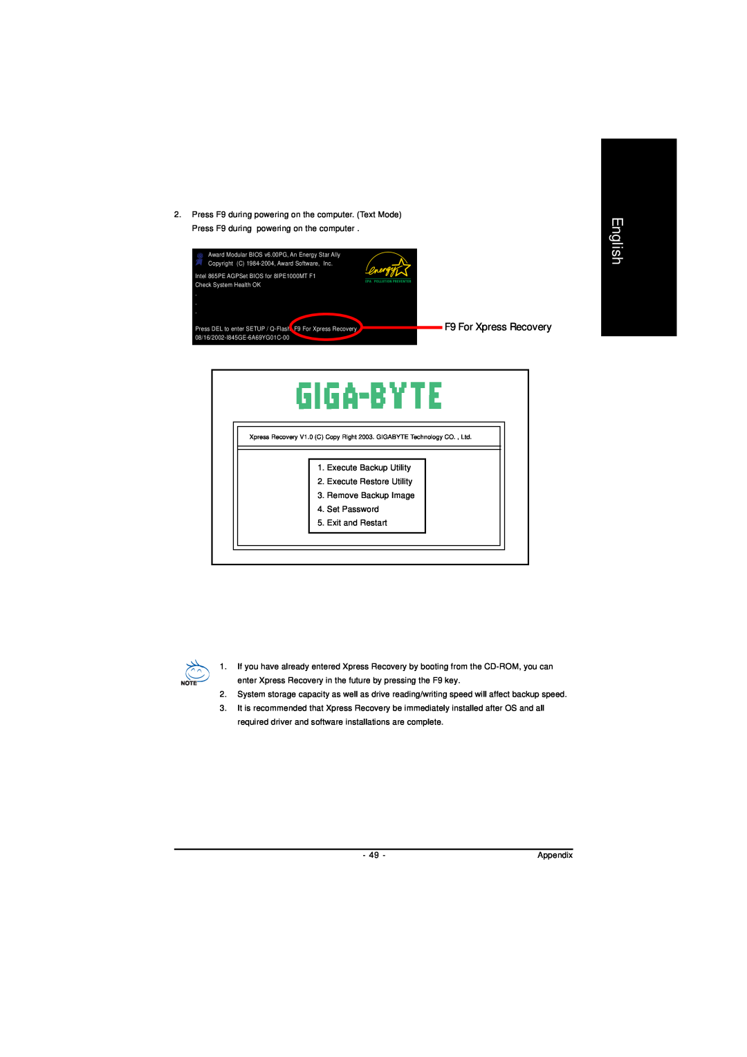 Gigabyte GA-8I845GVM775 F9 For Xpress Recovery, English, Execute Backup Utility, Execute Restore Utility, Set Password 