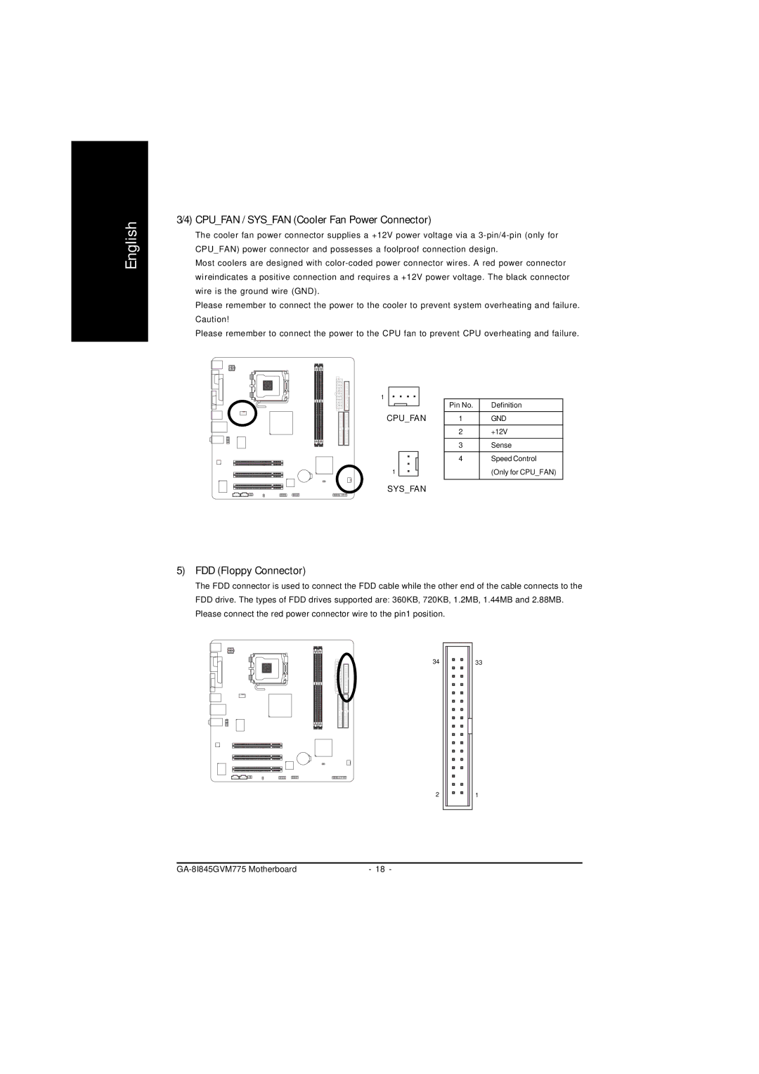 Gigabyte GA-8I845GVM775 user manual Cpufan / Sysfan Cooler Fan Power Connector, FDD Floppy Connector 