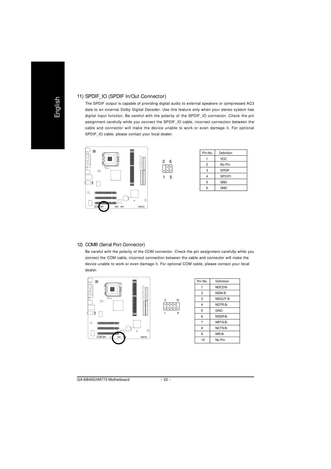 Gigabyte GA-8I845GVM775 user manual Spdifio Spdif In/Out Connector, Comb Serial Port Connector 