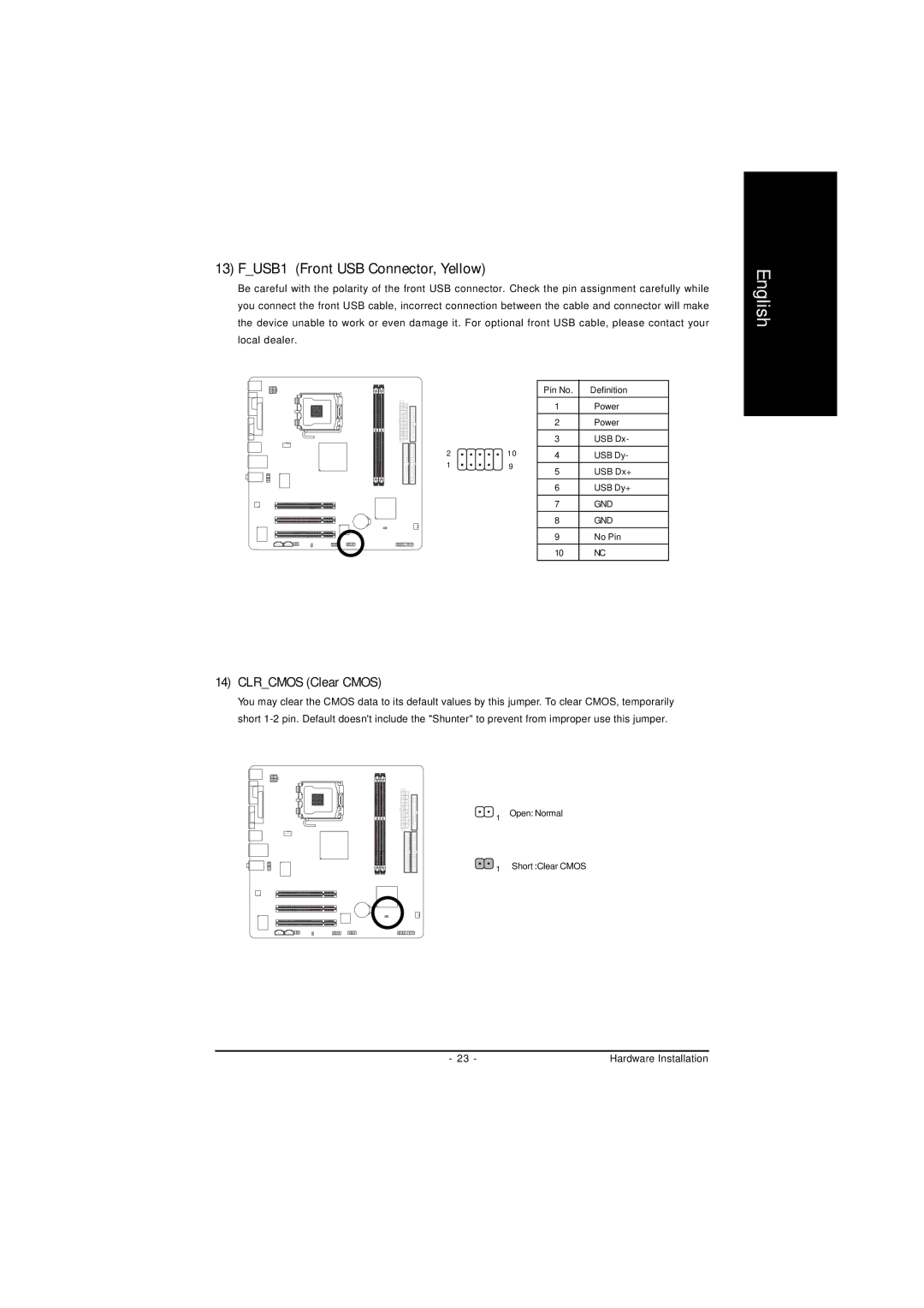 Gigabyte GA-8I845GVM775 user manual FUSB1 Front USB Connector, Yellow, Clrcmos Clear Cmos 