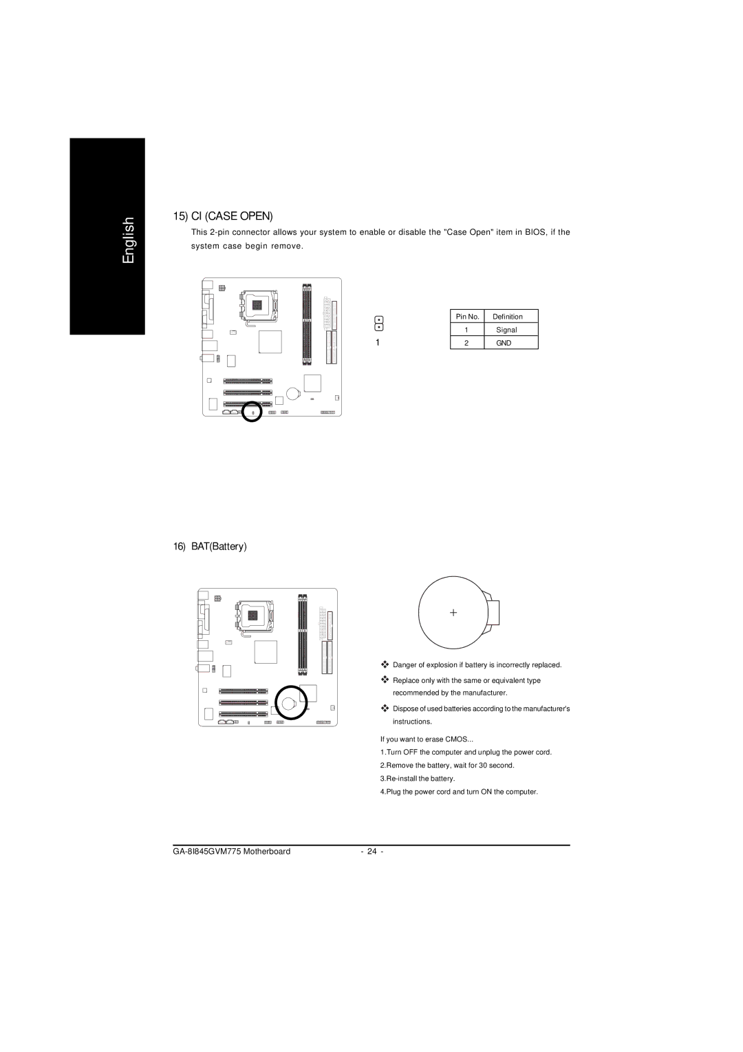 Gigabyte GA-8I845GVM775 user manual CI Case Open, BATBattery 