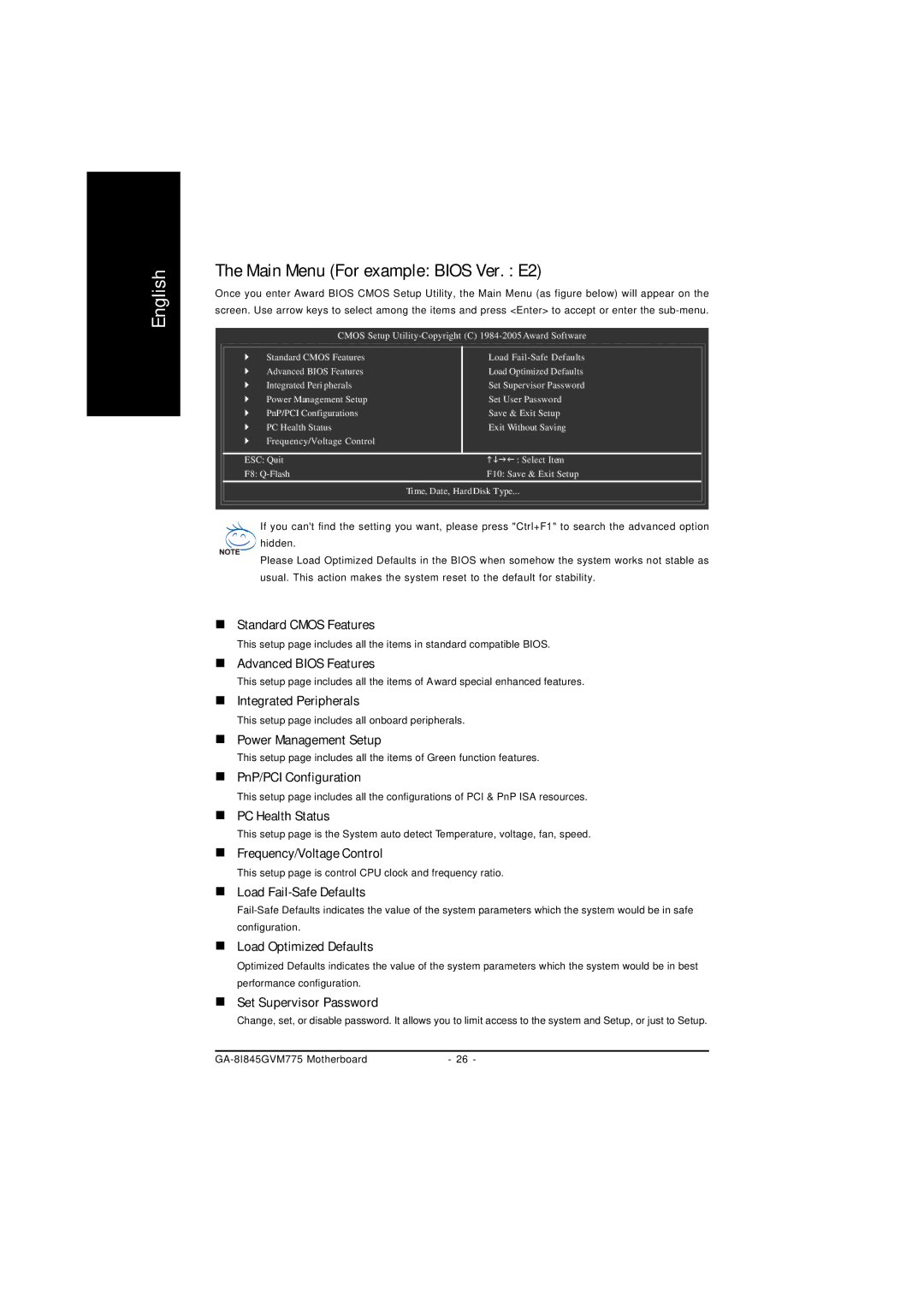 Gigabyte GA-8I845GVM775 user manual Main Menu For example Bios Ver. E2 