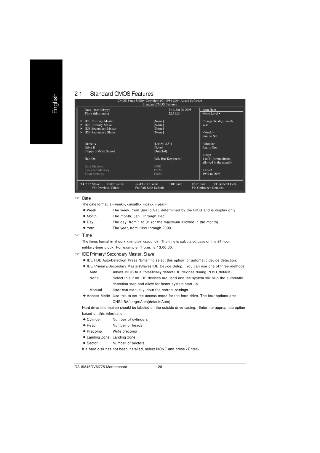 Gigabyte GA-8I845GVM775 user manual Standard Cmos Features, Time, IDE Primary/ Secondary Master, Slave 