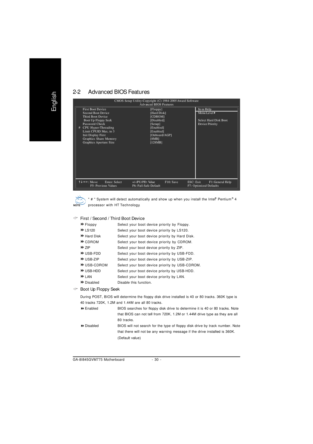 Gigabyte GA-8I845GVM775 user manual Advanced Bios Features, First / Second / Third Boot Device, Boot Up Floppy Seek 