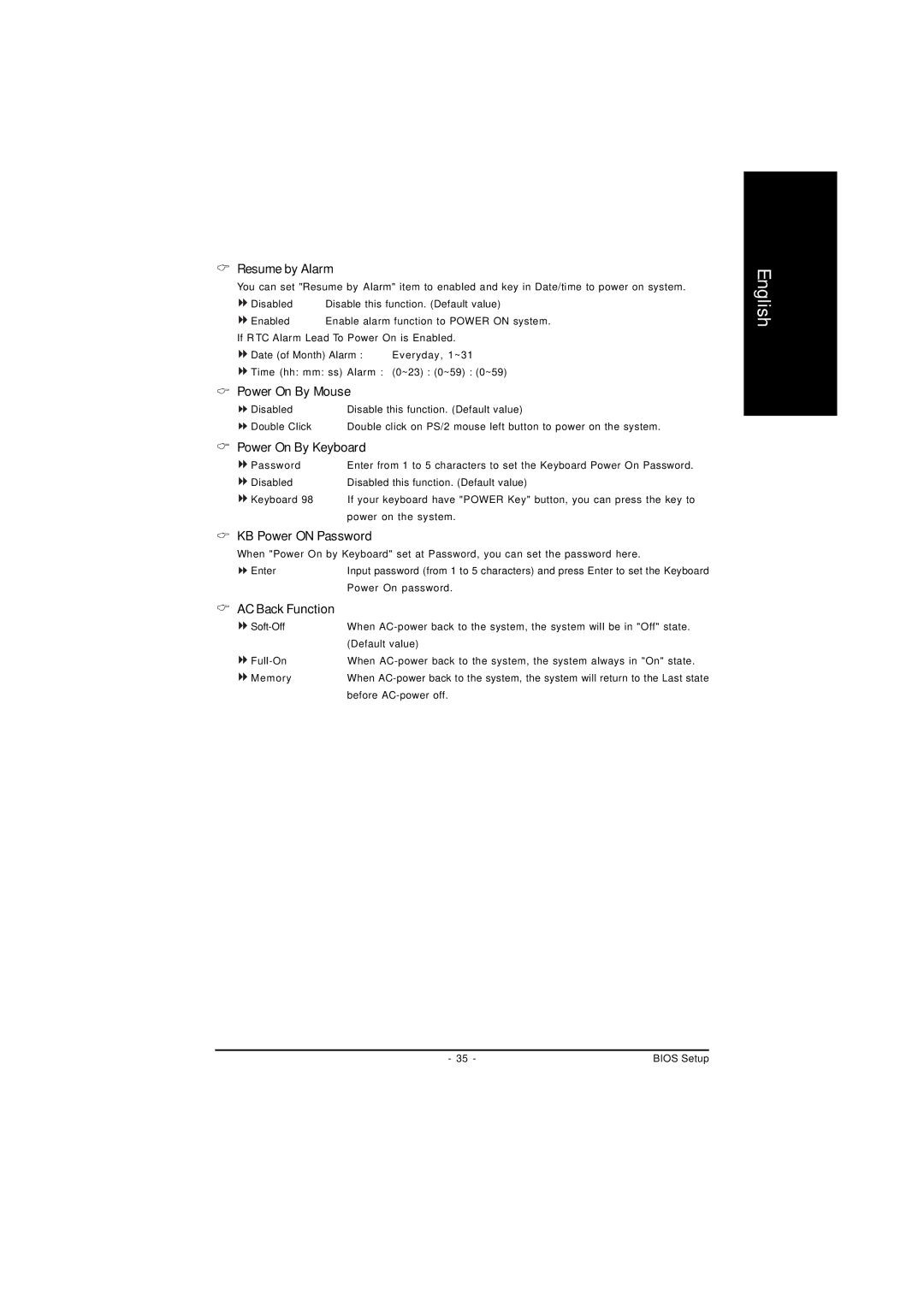 Gigabyte GA-8I845GVM775 Resume by Alarm, Power On By Mouse, Power On By Keyboard, KB Power on Password, AC Back Function 