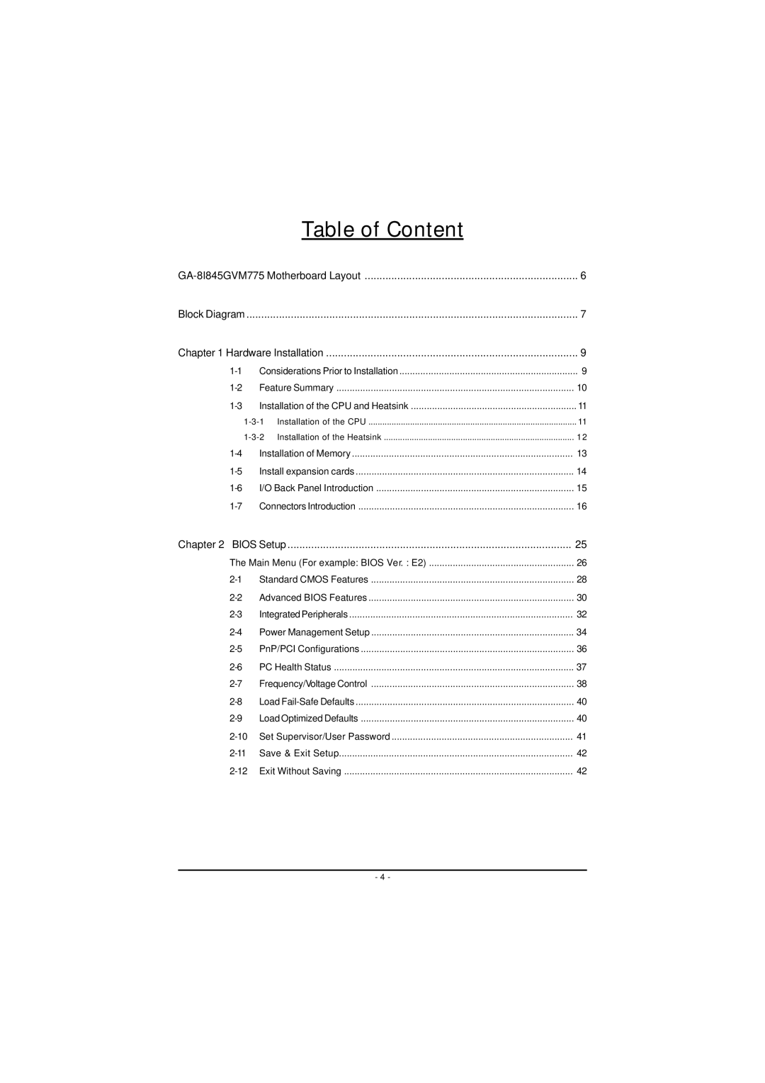 Gigabyte GA-8I845GVM775 user manual Table of Content 