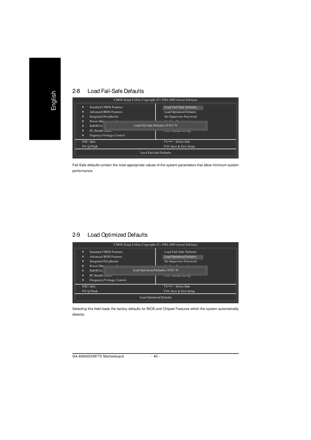 Gigabyte GA-8I845GVM775 user manual Load Fail-Safe Defaults, Load Optimized Defaults 