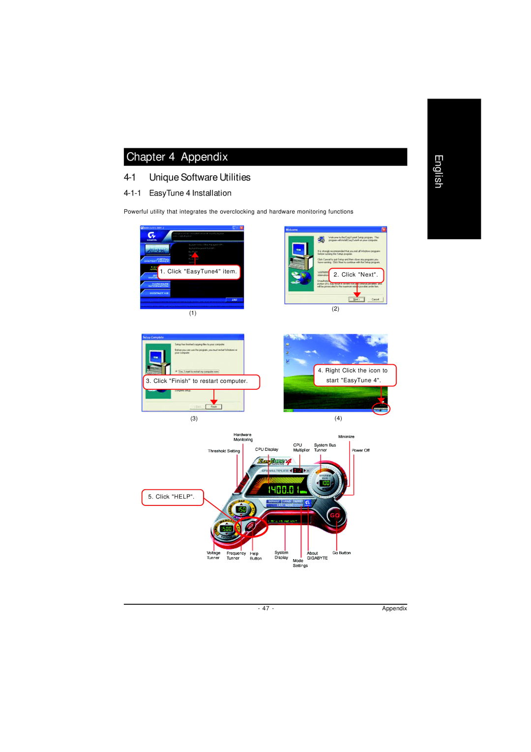 Gigabyte GA-8I845GVM775 user manual Unique Software Utilities, EasyTune 4 Installation 