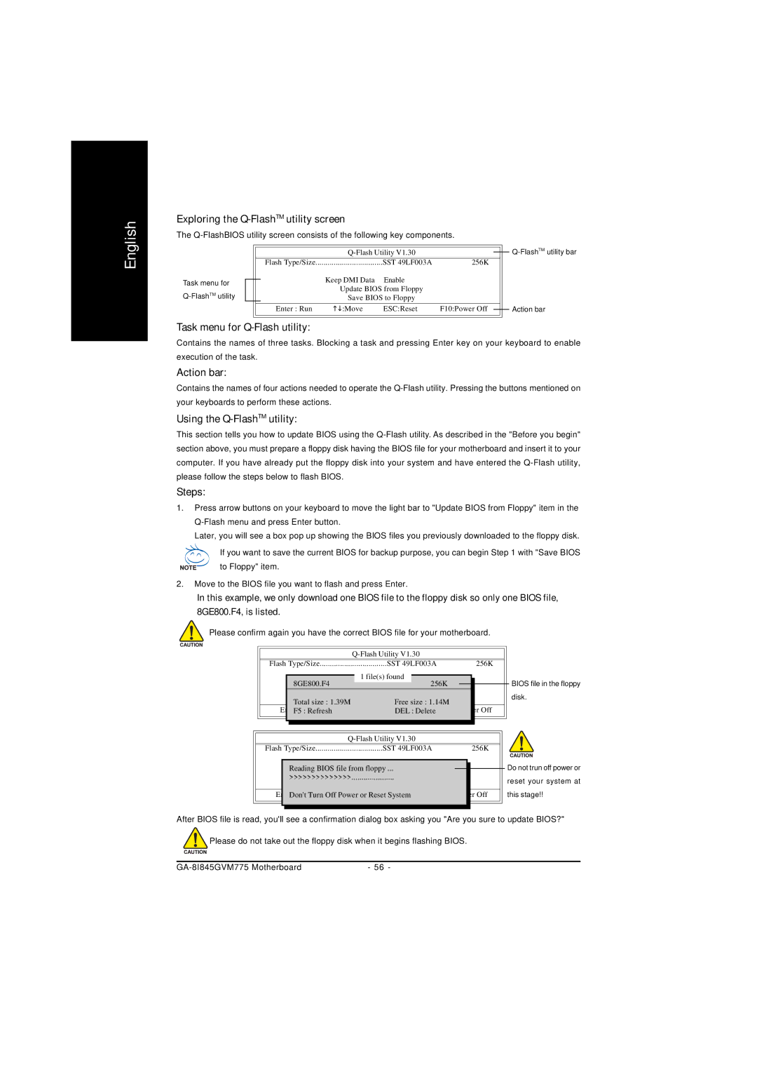 Gigabyte GA-8I845GVM775 user manual Exploring the Q-FlashTMutility screen, English 