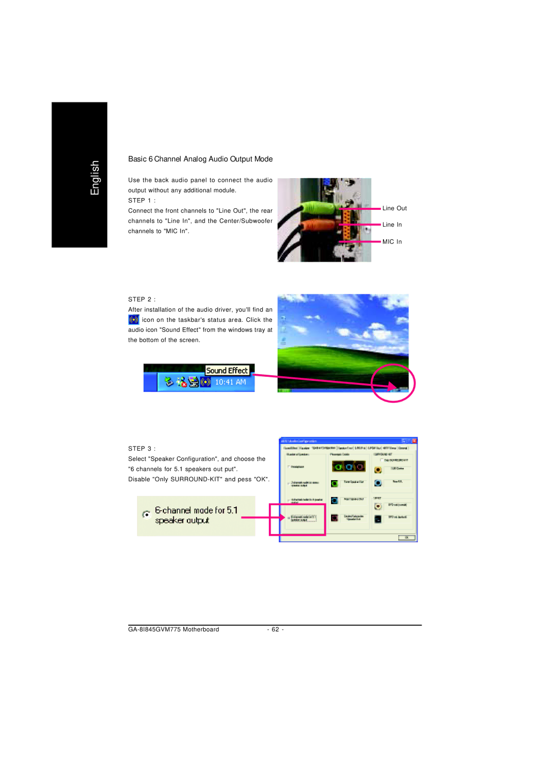 Gigabyte GA-8I845GVM775 user manual Basic 6 Channel Analog Audio Output Mode 