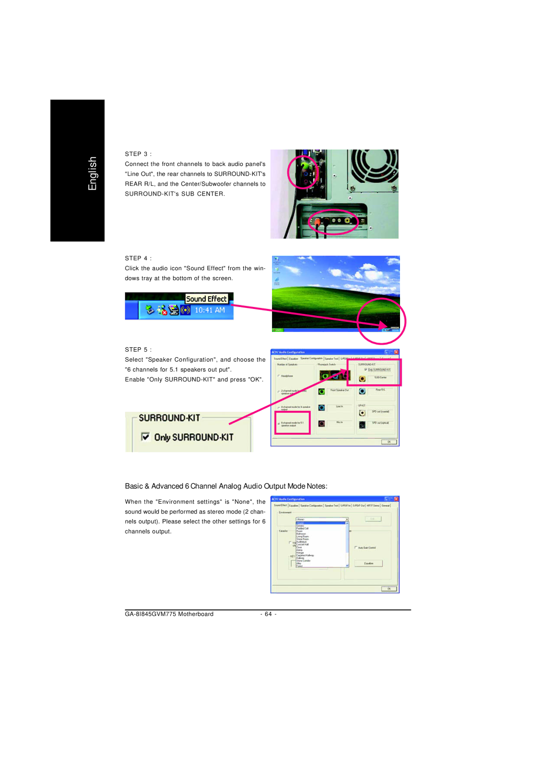 Gigabyte GA-8I845GVM775 user manual Basic & Advanced 6 Channel Analog Audio Output Mode Notes 