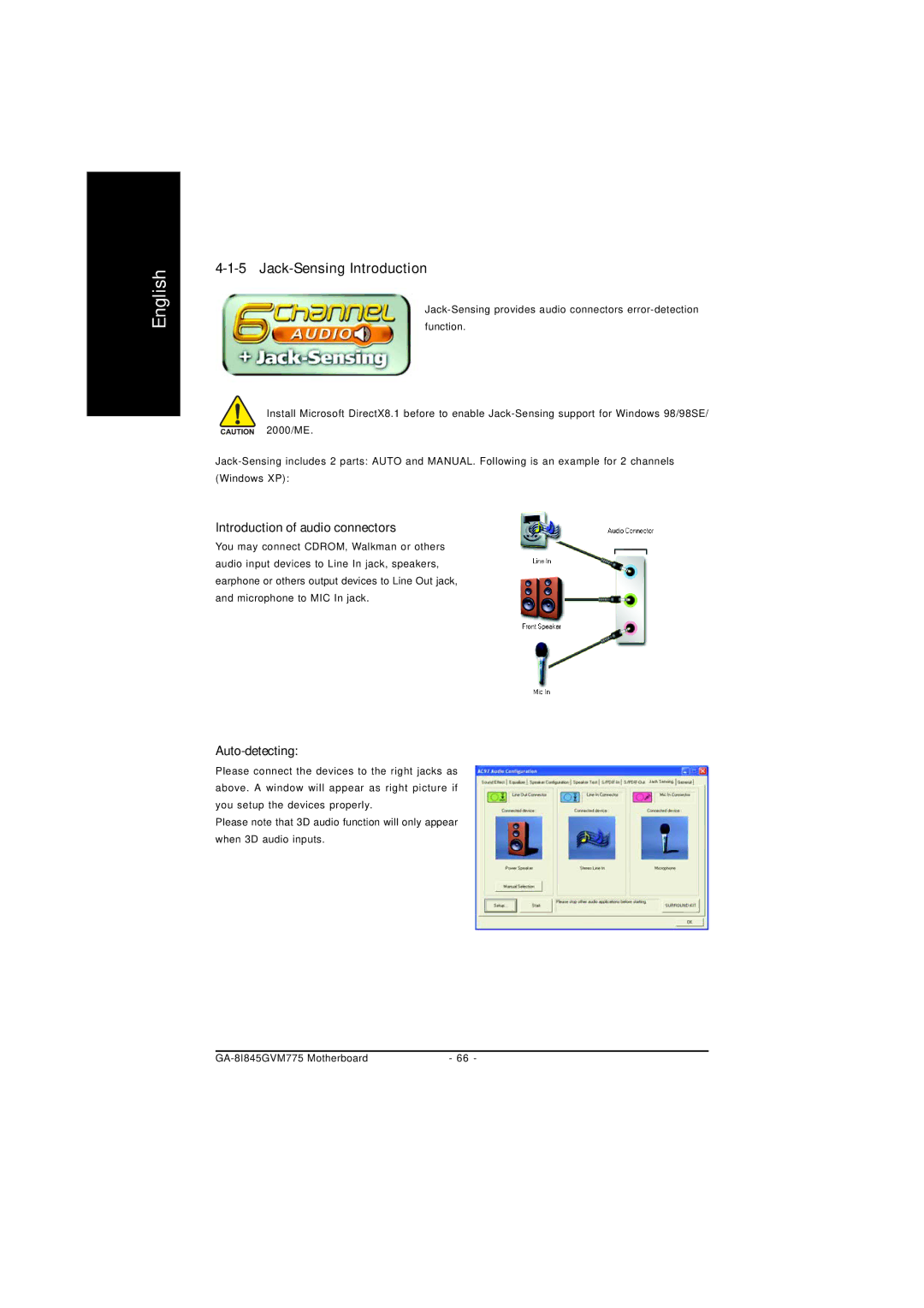 Gigabyte GA-8I845GVM775 user manual Jack-Sensing Introduction, Introduction of audio connectors, Auto-detecting 