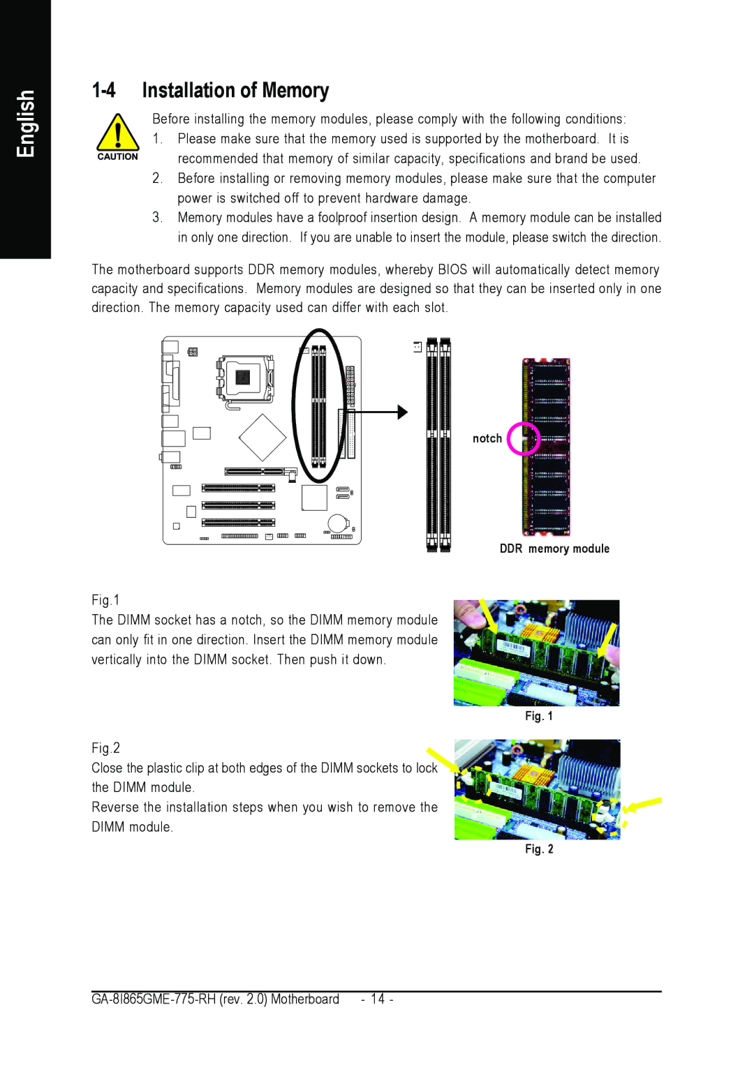 Gigabyte GA-8I865GME-775-RH user manual Installation of Memory 