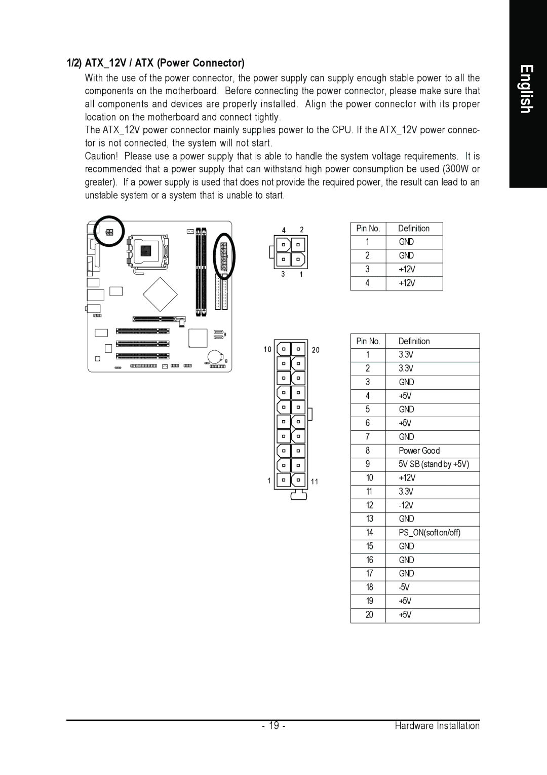 Gigabyte GA-8I865GME-775-RH user manual ATX12V / ATX Power Connector 