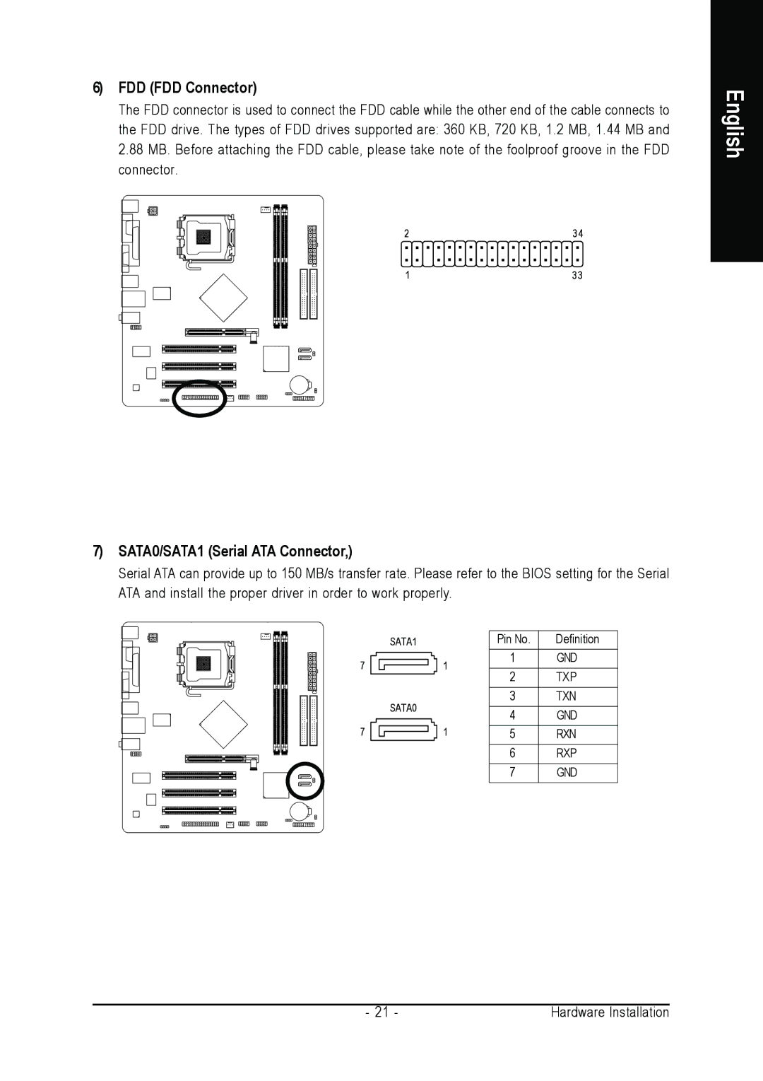 Gigabyte GA-8I865GME-775-RH user manual FDD FDD Connector, SATA0/SATA1 Serial ATA Connector 