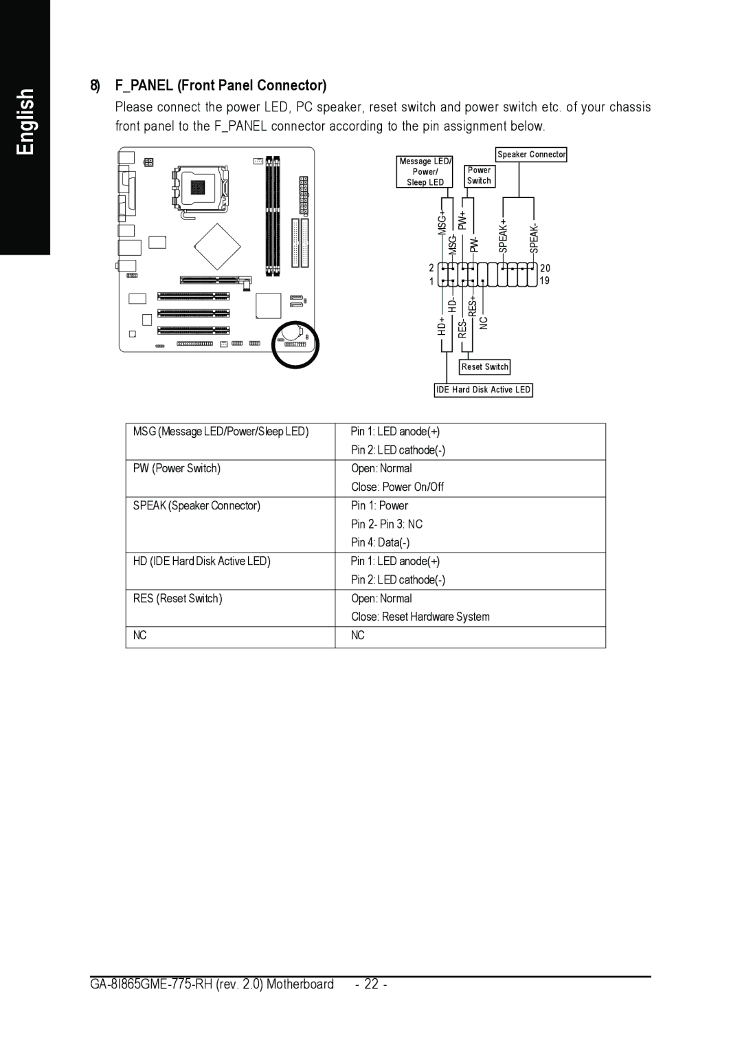 Gigabyte GA-8I865GME-775-RH user manual Fpanel Front Panel Connector 