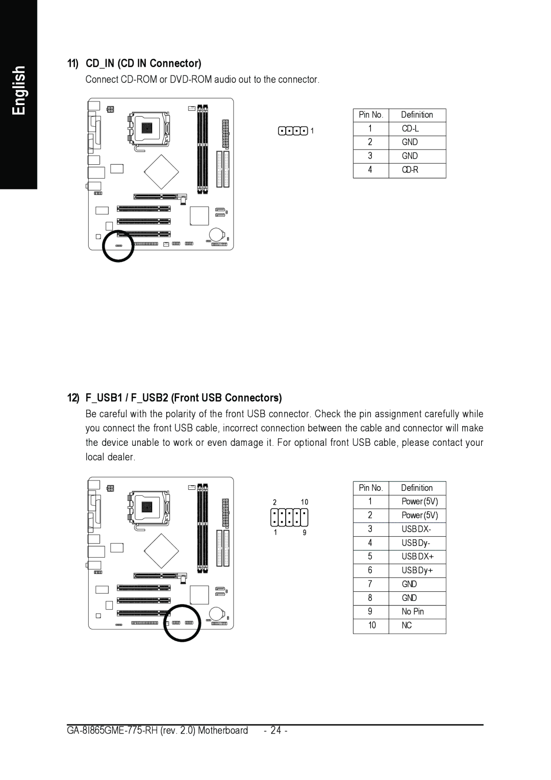 Gigabyte GA-8I865GME-775-RH user manual Cdin CD in Connector, FUSB1 / FUSB2 Front USB Connectors 