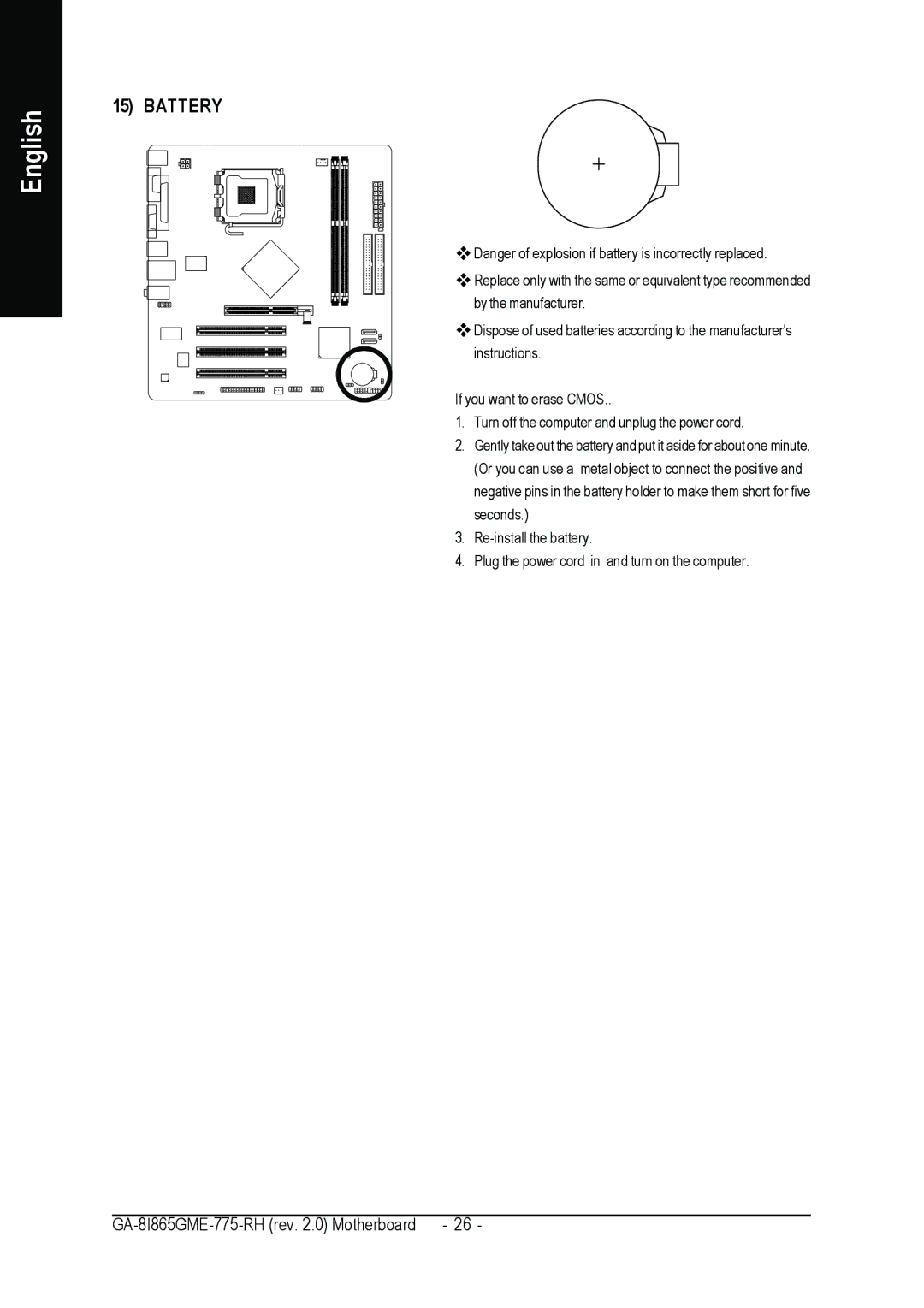 Gigabyte GA-8I865GME-775-RH user manual Battery 