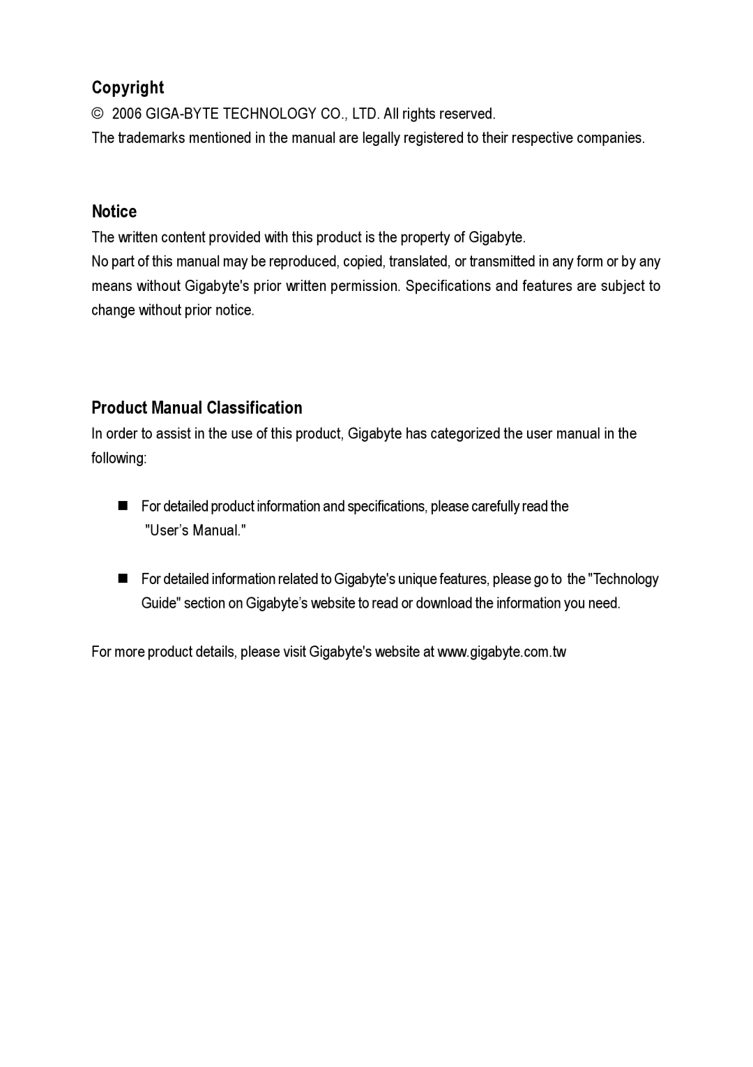 Gigabyte GA-8I865GME-775-RH user manual Copyright, Product Manual Classification 