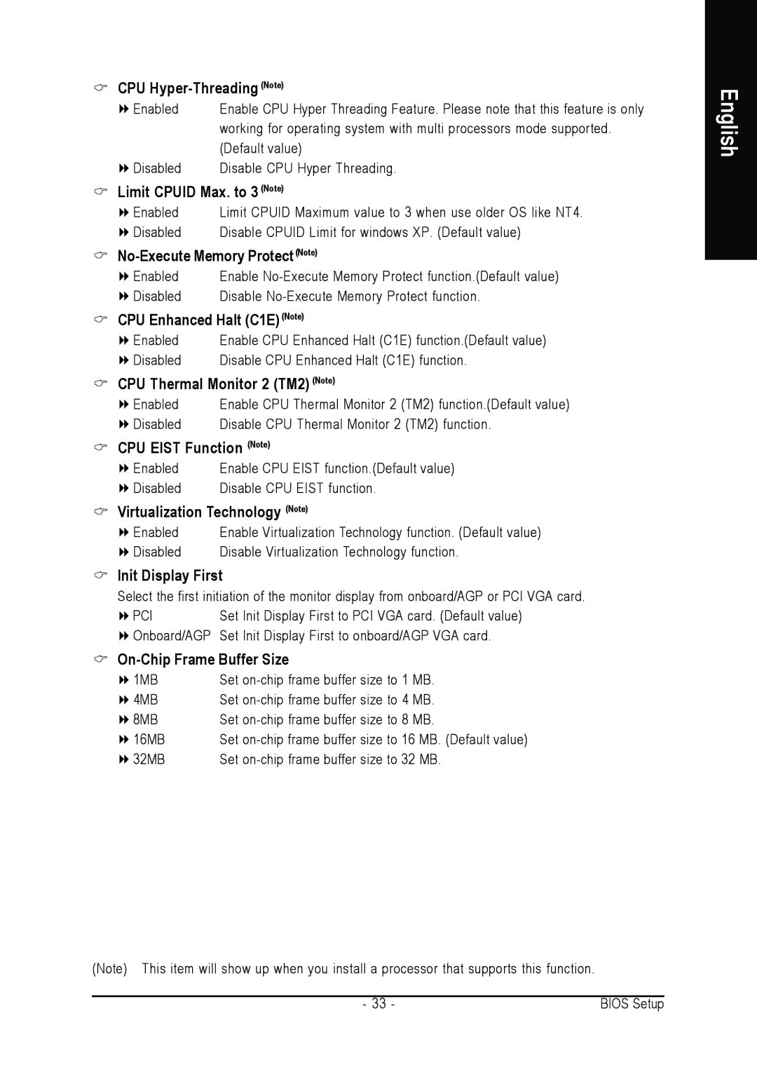 Gigabyte GA-8I865GME-775-RH user manual CPU Hyper-Threading Note, Limit Cpuid Max. to 3 Note, No-Execute Memory ProtectNote 