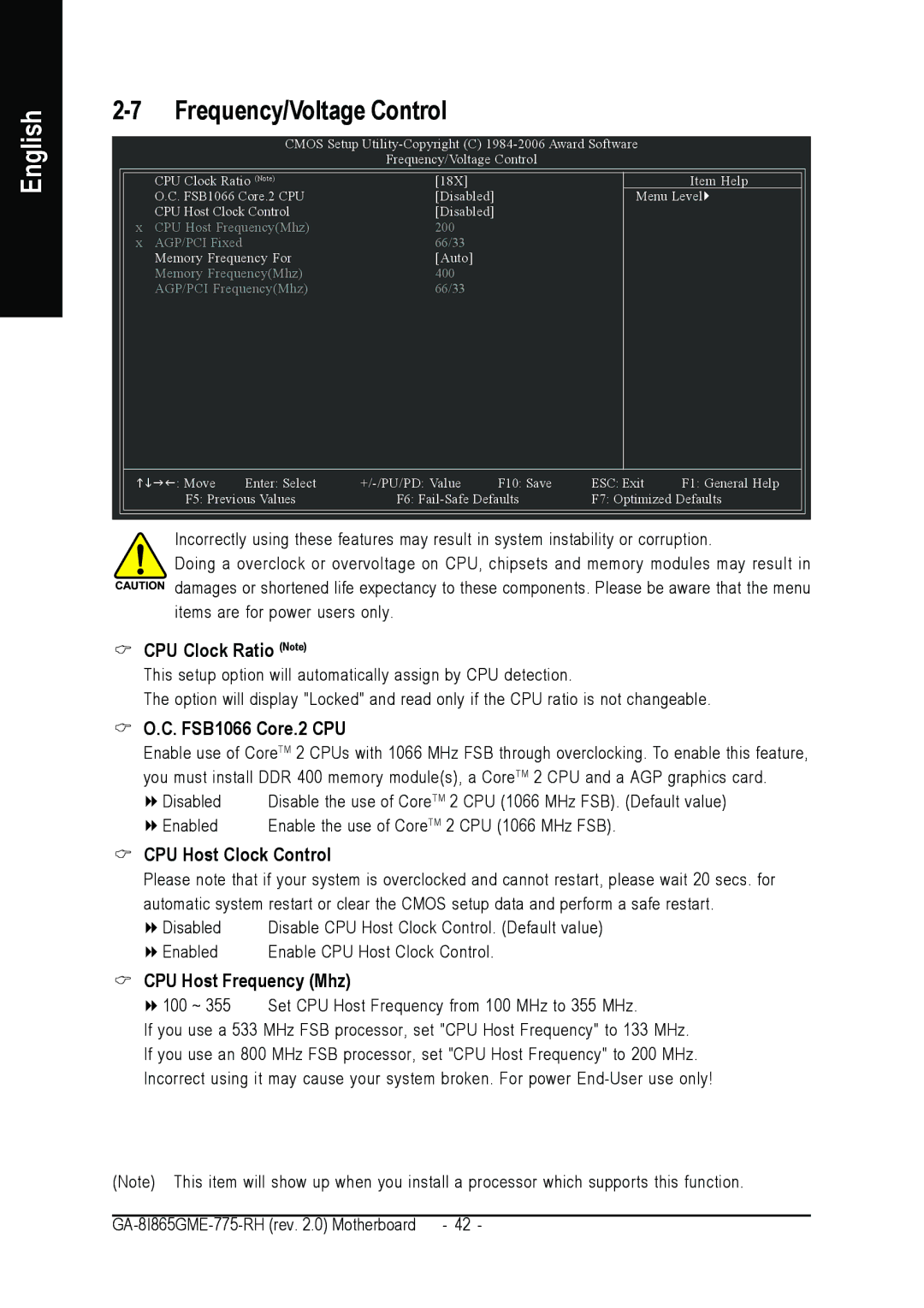 Gigabyte GA-8I865GME-775-RH Frequency/Voltage Control, CPU Clock Ratio Note, FSB1066 Core.2 CPU, CPU Host Clock Control 