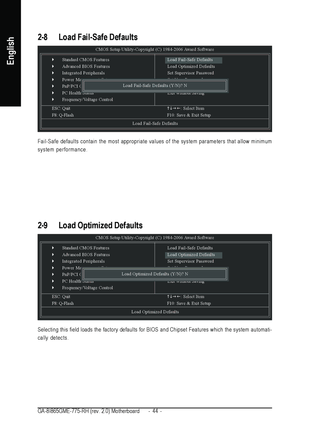 Gigabyte GA-8I865GME-775-RH user manual Load Fail-Safe Defaults, Load Optimized Defaults 