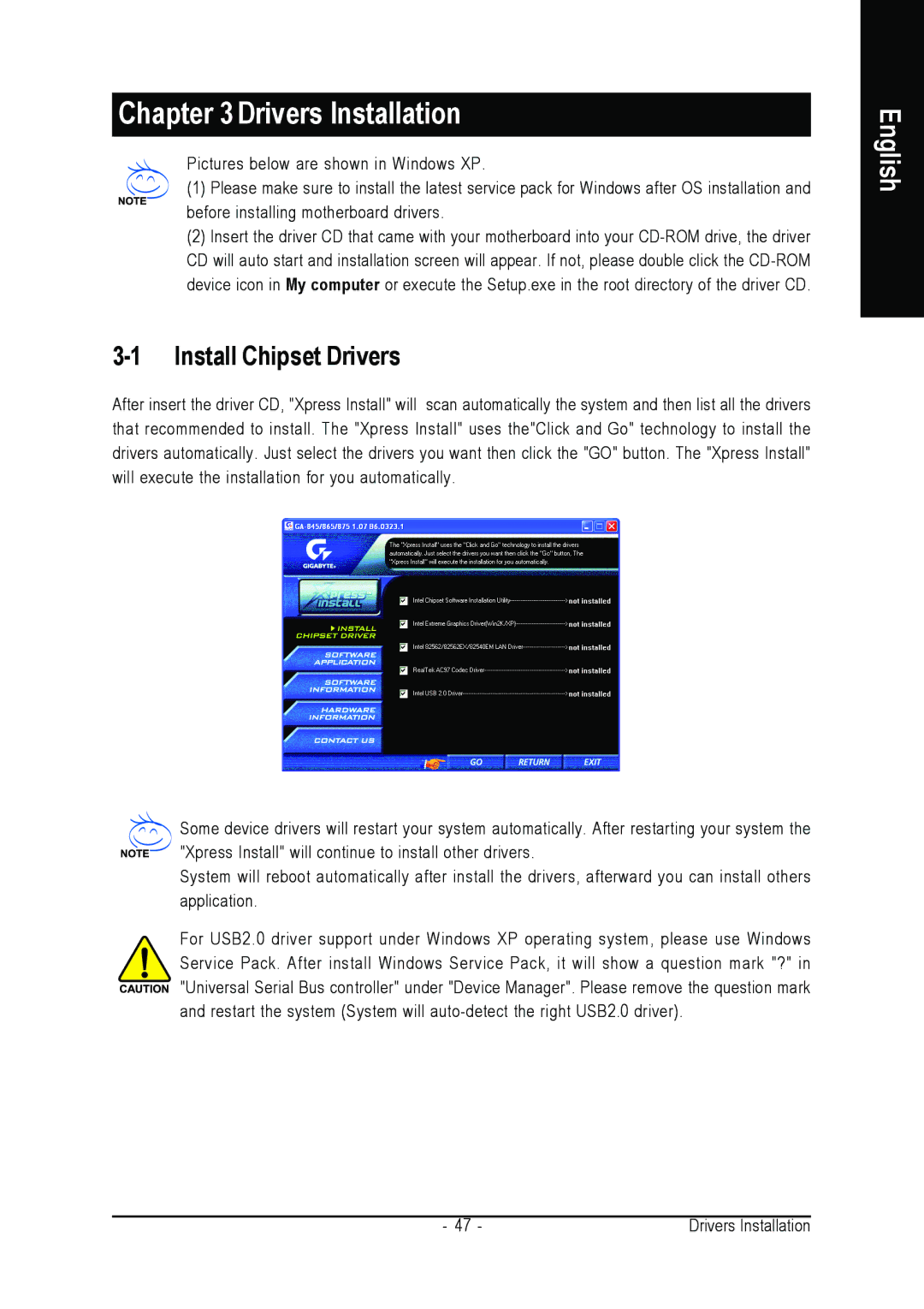 Gigabyte GA-8I865GME-775-RH user manual Drivers Installation, Install Chipset Drivers 