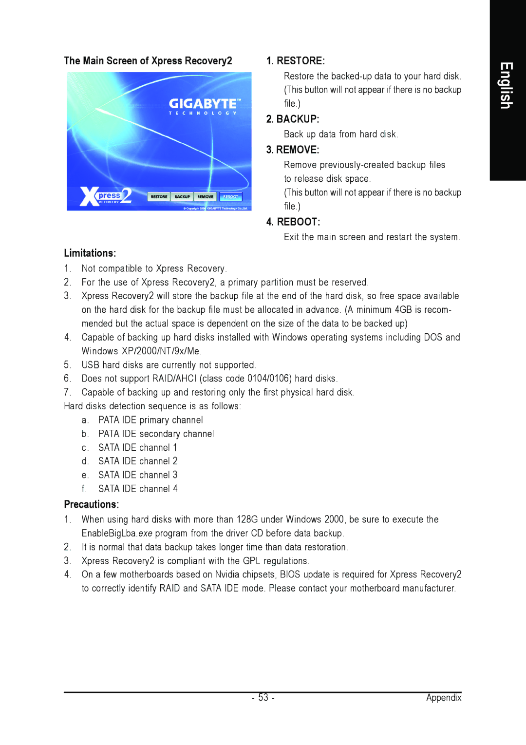 Gigabyte GA-8I865GME-775-RH user manual Main Screen of Xpress Recovery2, Limitations, Precautions 