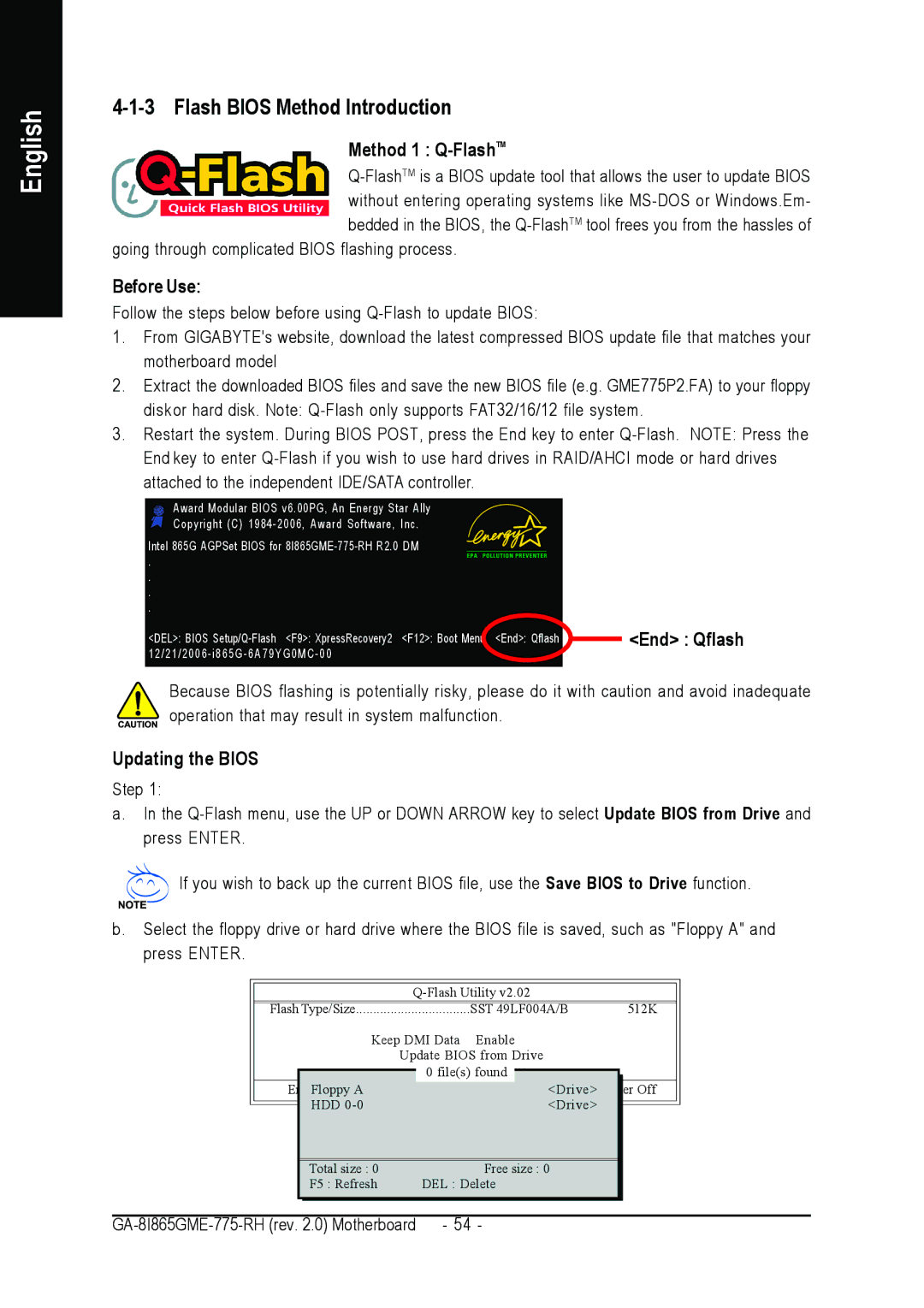 Gigabyte GA-8I865GME-775-RH user manual Flash Bios Method Introduction, Method 1 Q-FlashTM, Before Use, Updating the Bios 