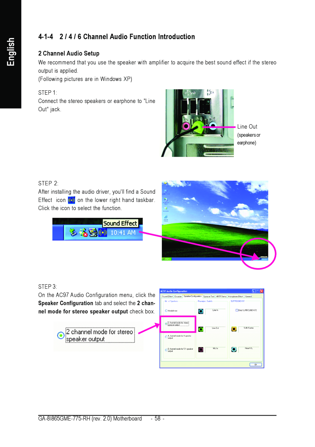 Gigabyte GA-8I865GME-775-RH user manual 4 2 / 4 / 6 Channel Audio Function Introduction, Channel Audio Setup 