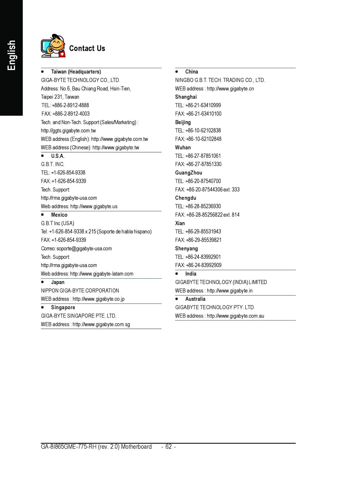 Gigabyte GA-8I865GME-775-RH user manual Contact Us, Taiwan Headquarters 