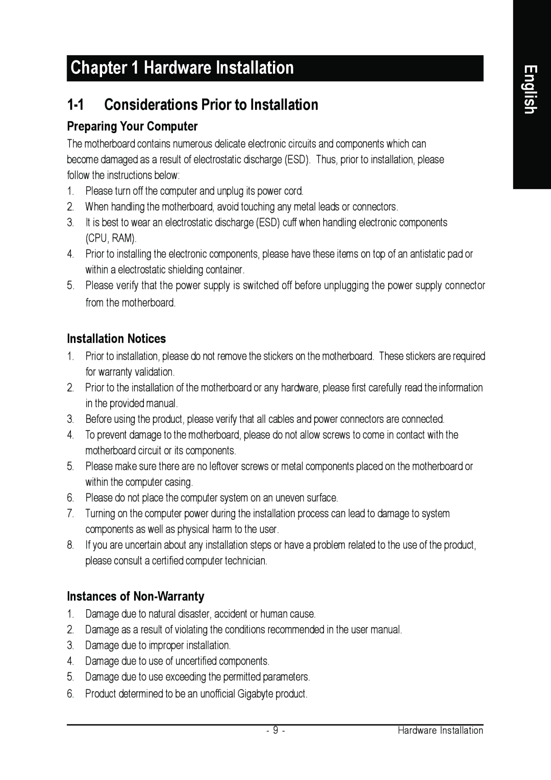 Gigabyte GA-8I865GME-775-RH user manual Considerations Prior to Installation, Preparing Your Computer, Installation Notices 