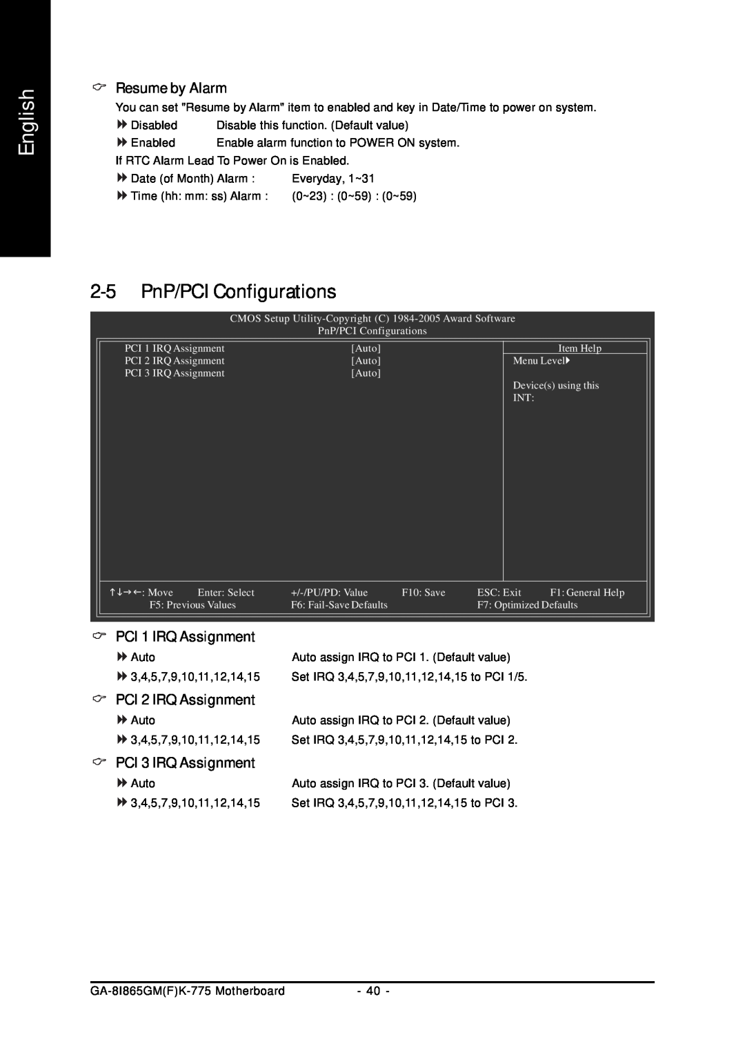 Gigabyte GA-8I865GMFK-775 PnP/PCI Configurations, Resume by Alarm, PCI 1 IRQ Assignment, PCI 2 IRQ Assignment, English 